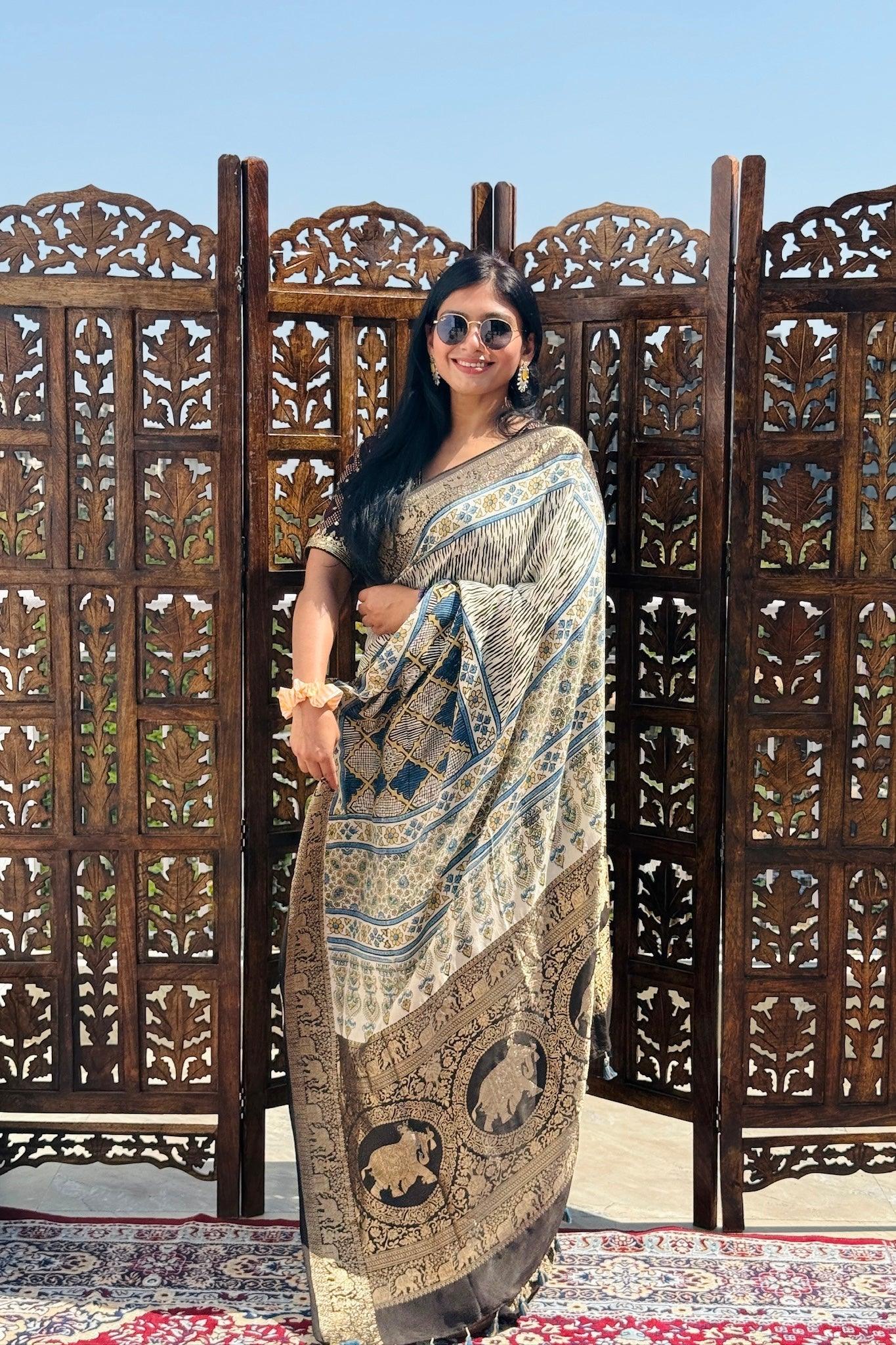 Off White - Designer Ajrakh Handblock Premium Dola Silk Saree