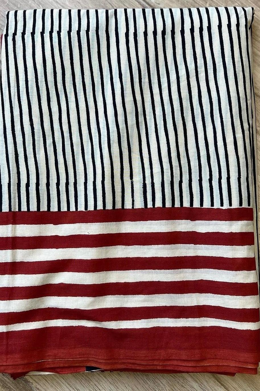 Beige - Striped Hand Block Print Cotton Saree