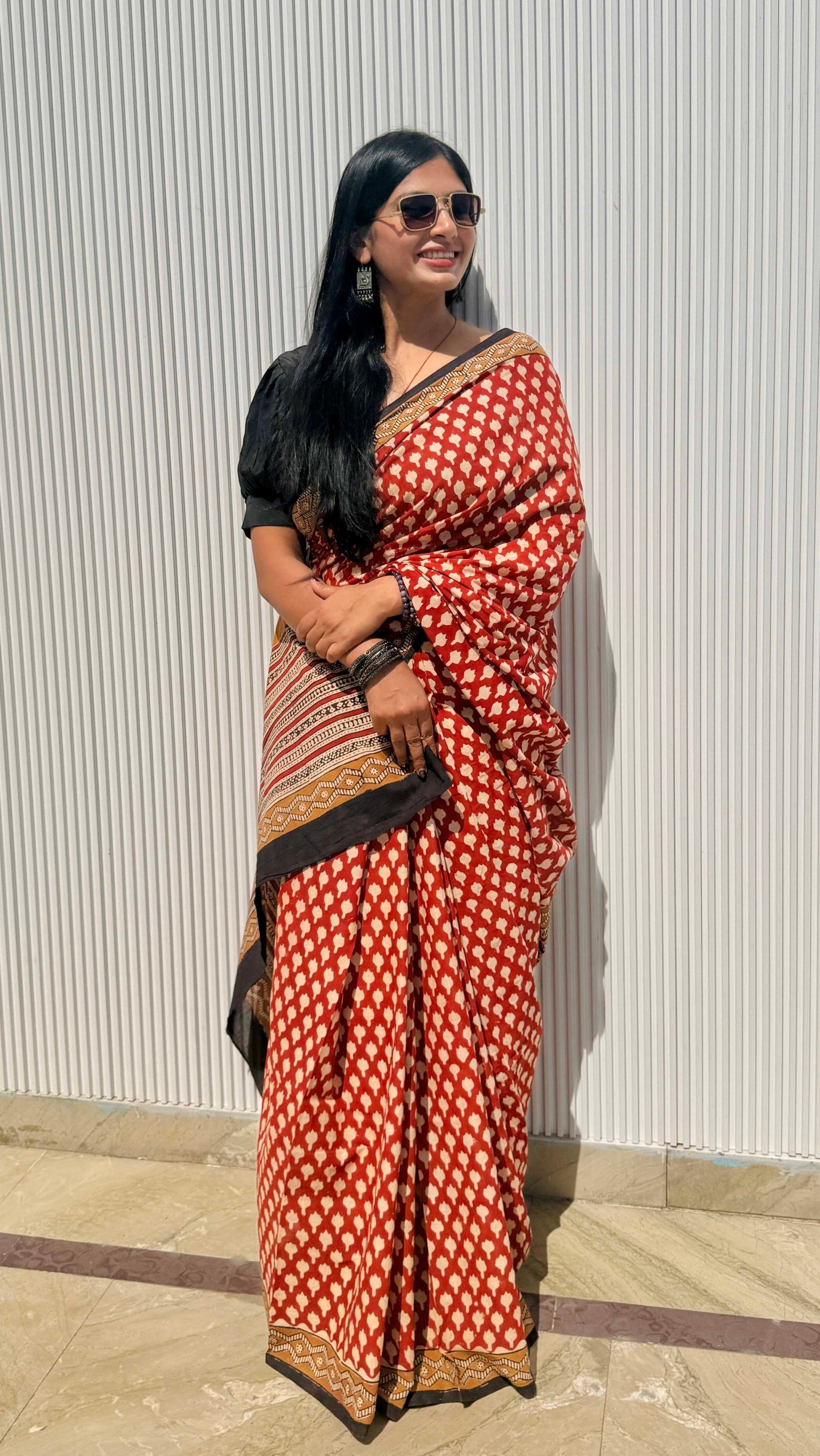 Red Hand Block Printed Cotton Saree