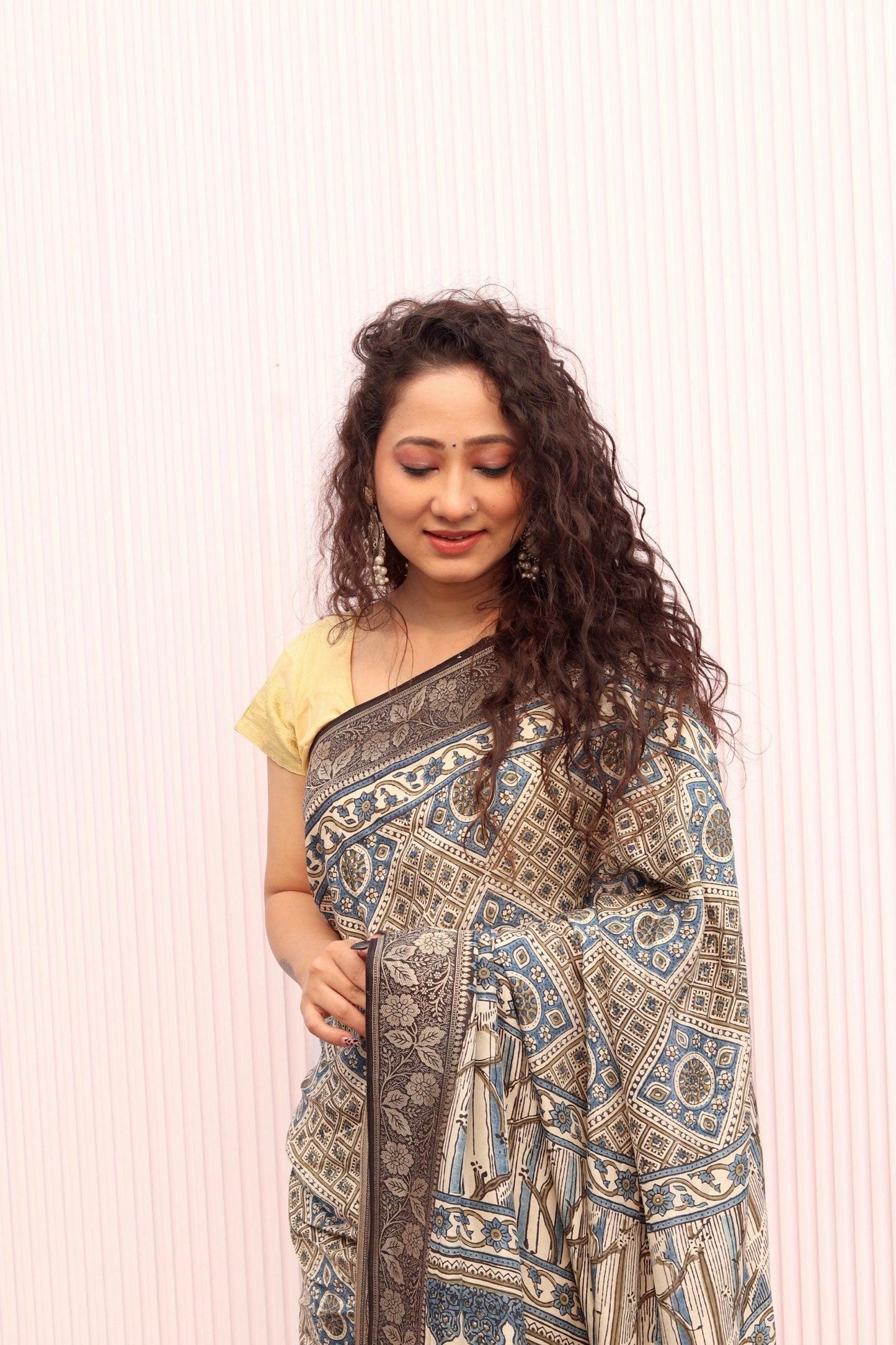 Beige - Designer Ajrakh Handblock Premium Dola Silk Saree - Vasaka Jaipur