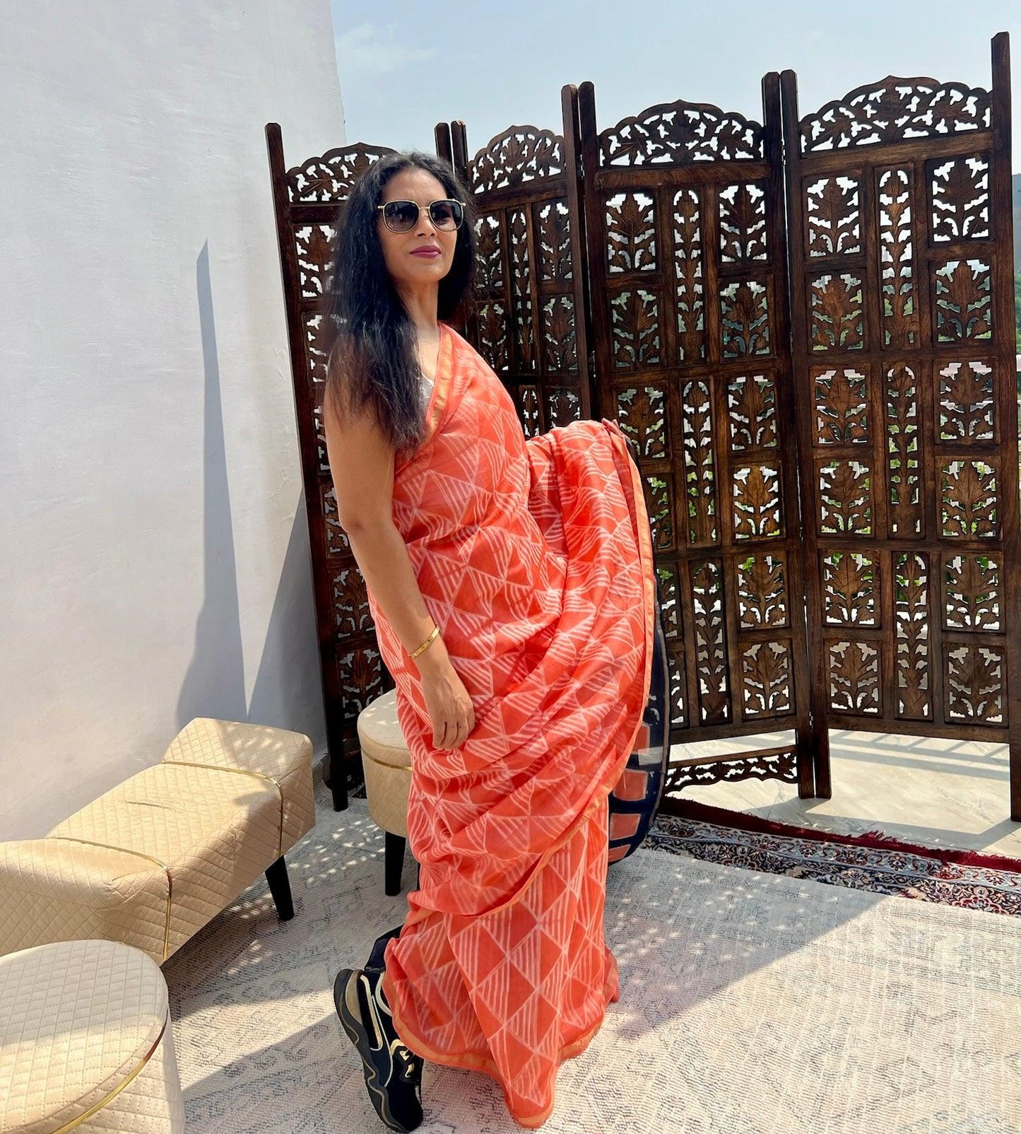 Peach - Nui Shibori Tie-Dye Chanderi Cotsilk Saree with Clamp Tie Dye on Pallu - Vasaka Jaipur