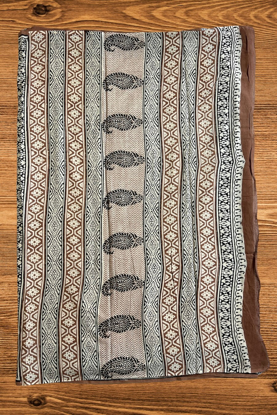 Beige Paisely Hand Block Printed Cotton Saree
