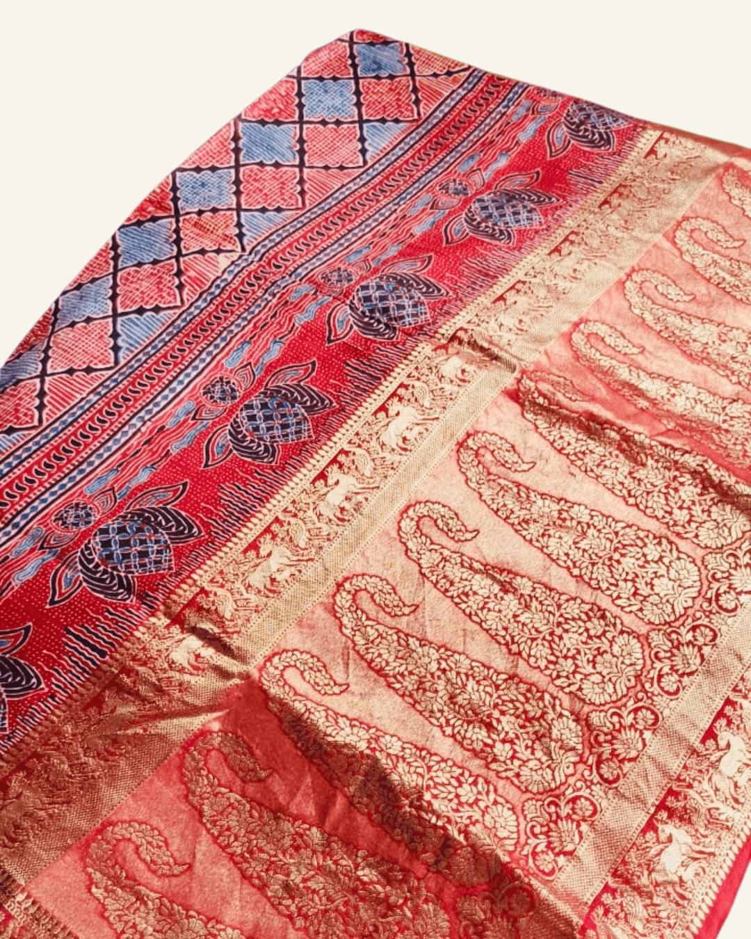 Red - Designer Ajrakh Handblock Premium Dola Silk Saree - Vasaka Jaipur
