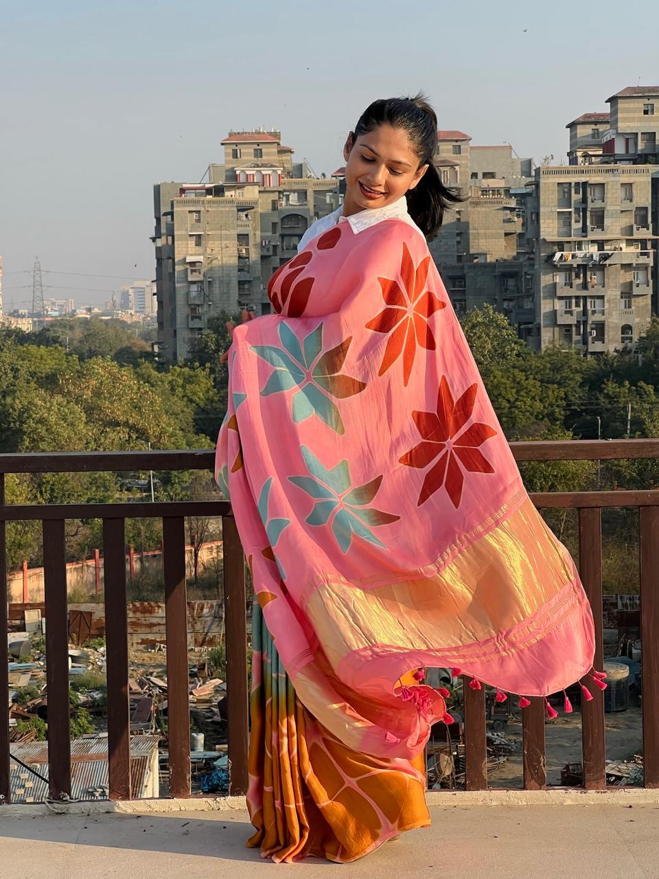 Pastel Pink - Clamp Dyed Modal Silk Saree - Vasaka Jaipur