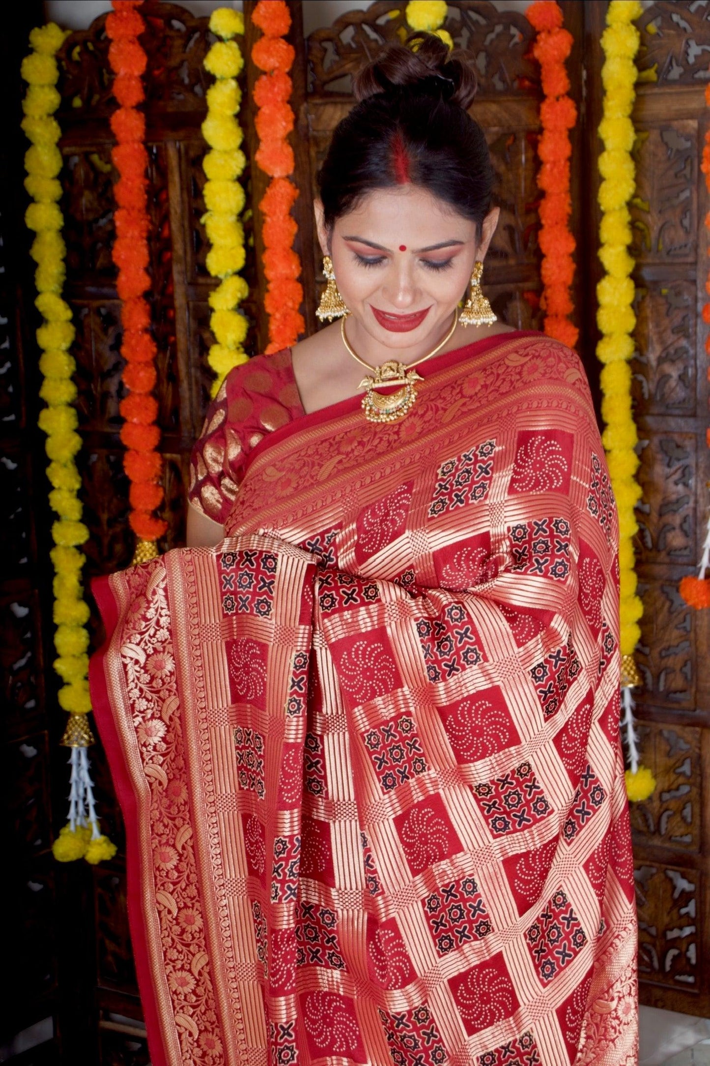 NIHARIKA - Ajrakh Gharchola Red Modal Silk Saree - Vasaka Jaipur