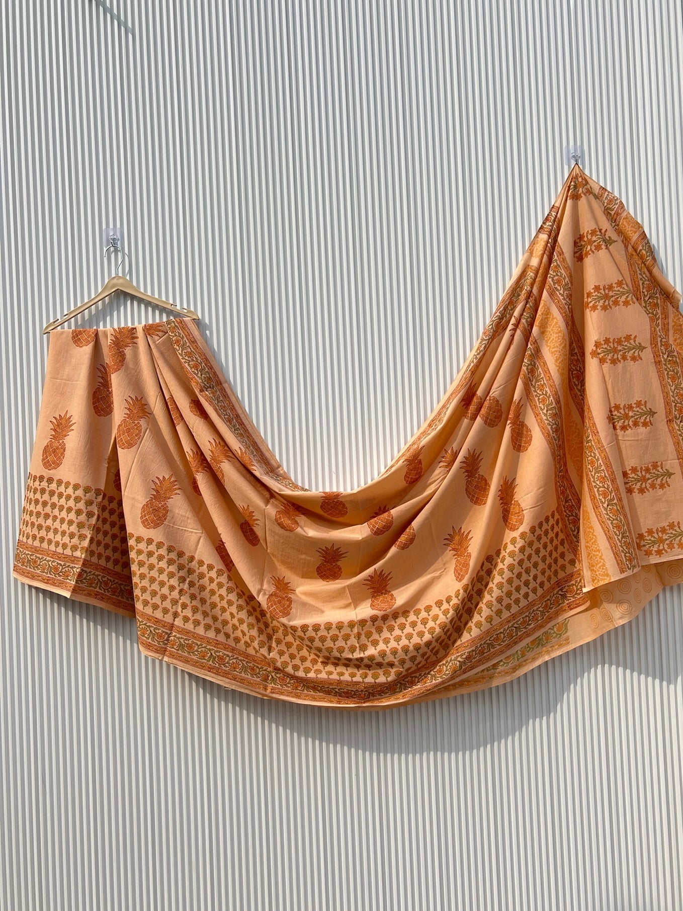 Peach Pineapple Hand Block Printed Cotton Saree