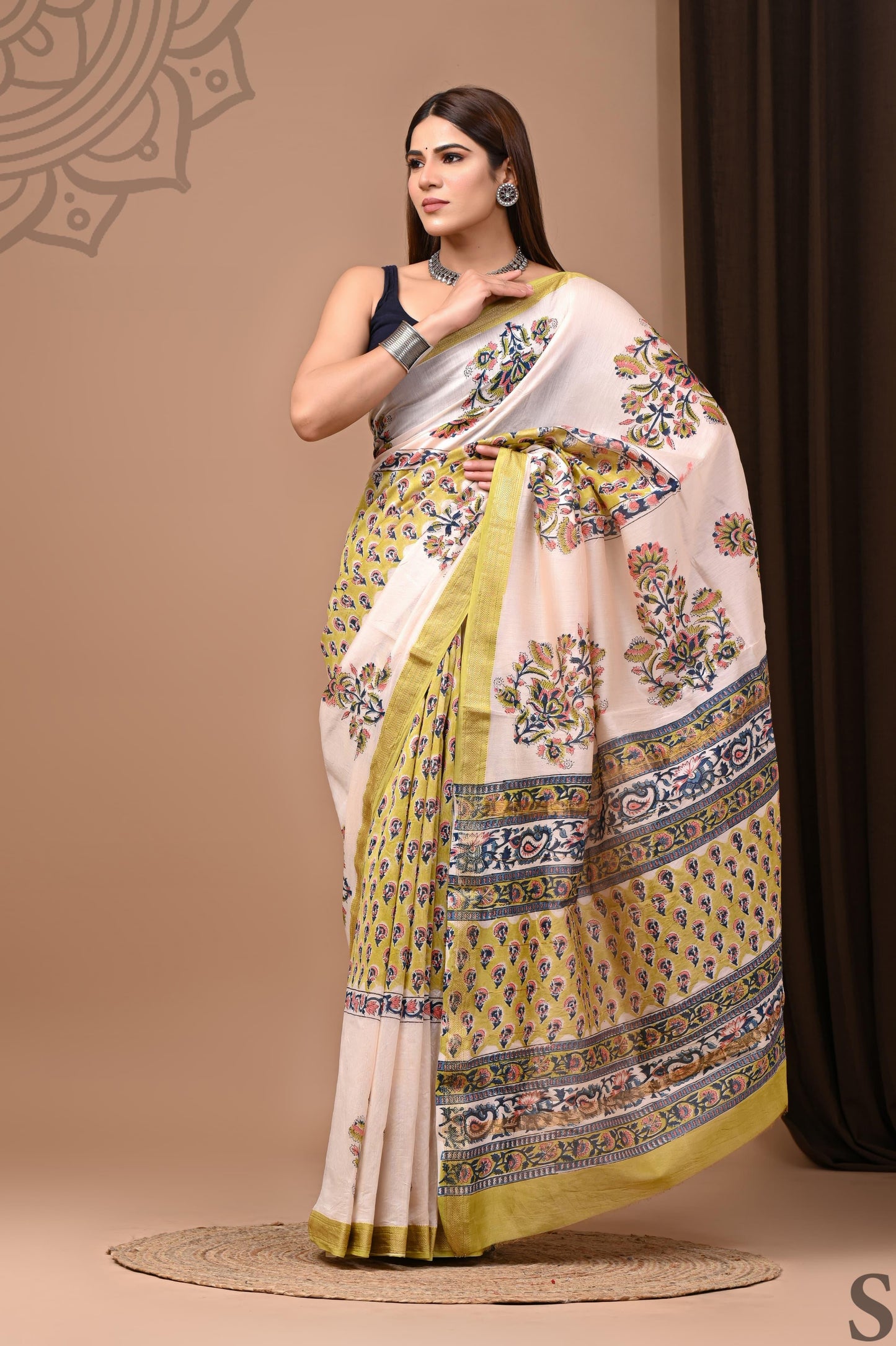 White Green - Handblock Maheshwari Silk Saree - Vasaka Jaipur