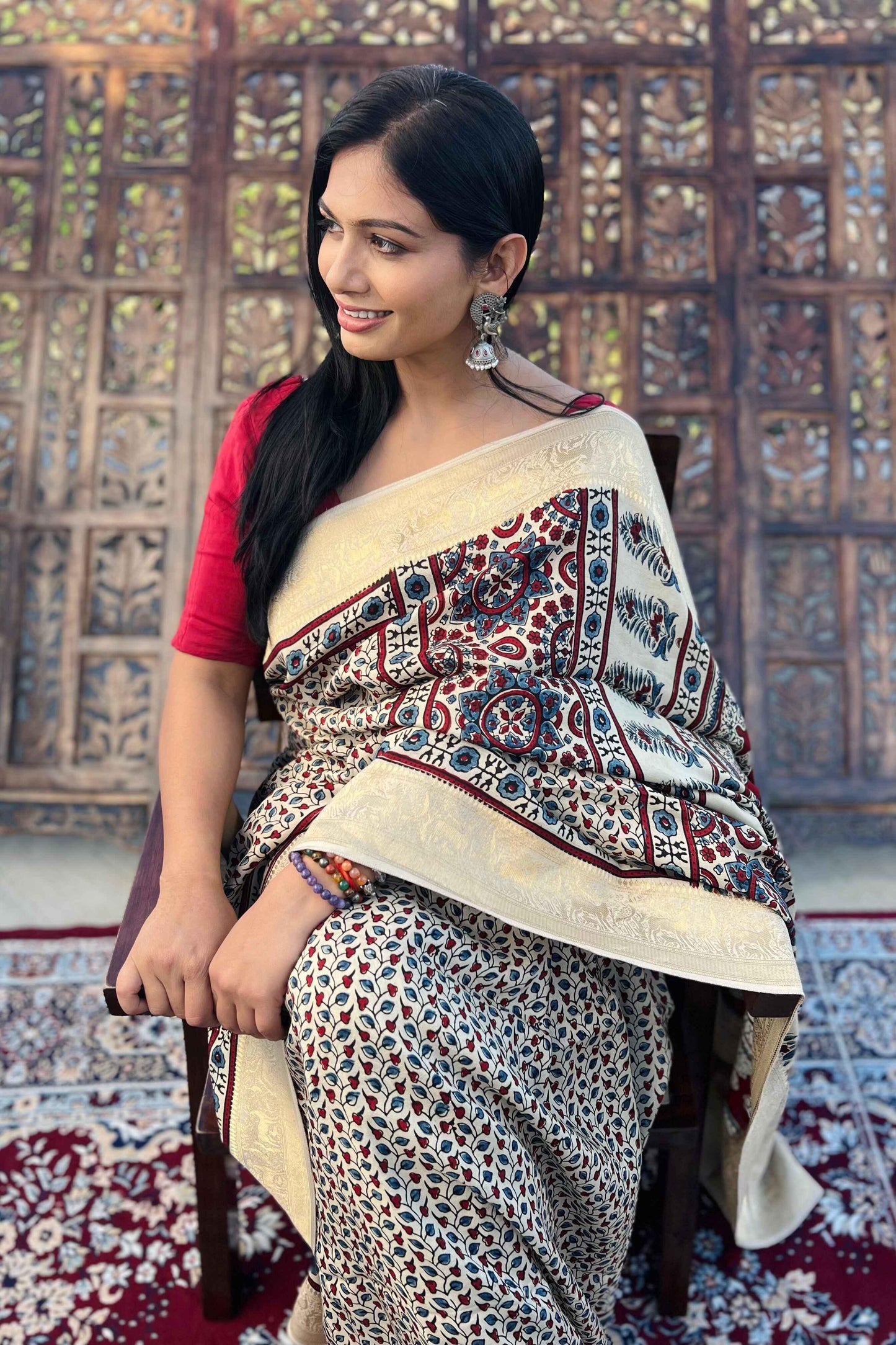 Beige - Designer Ajrakh Handblock Premium Dola Silk Saree