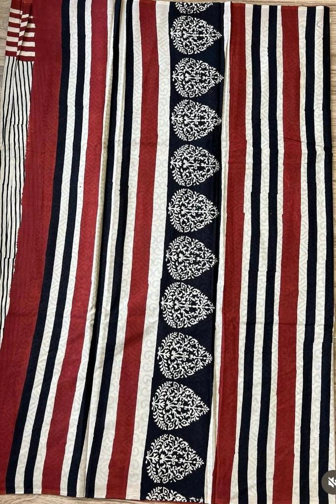 Beige - Striped Hand Block Print Cotton Saree