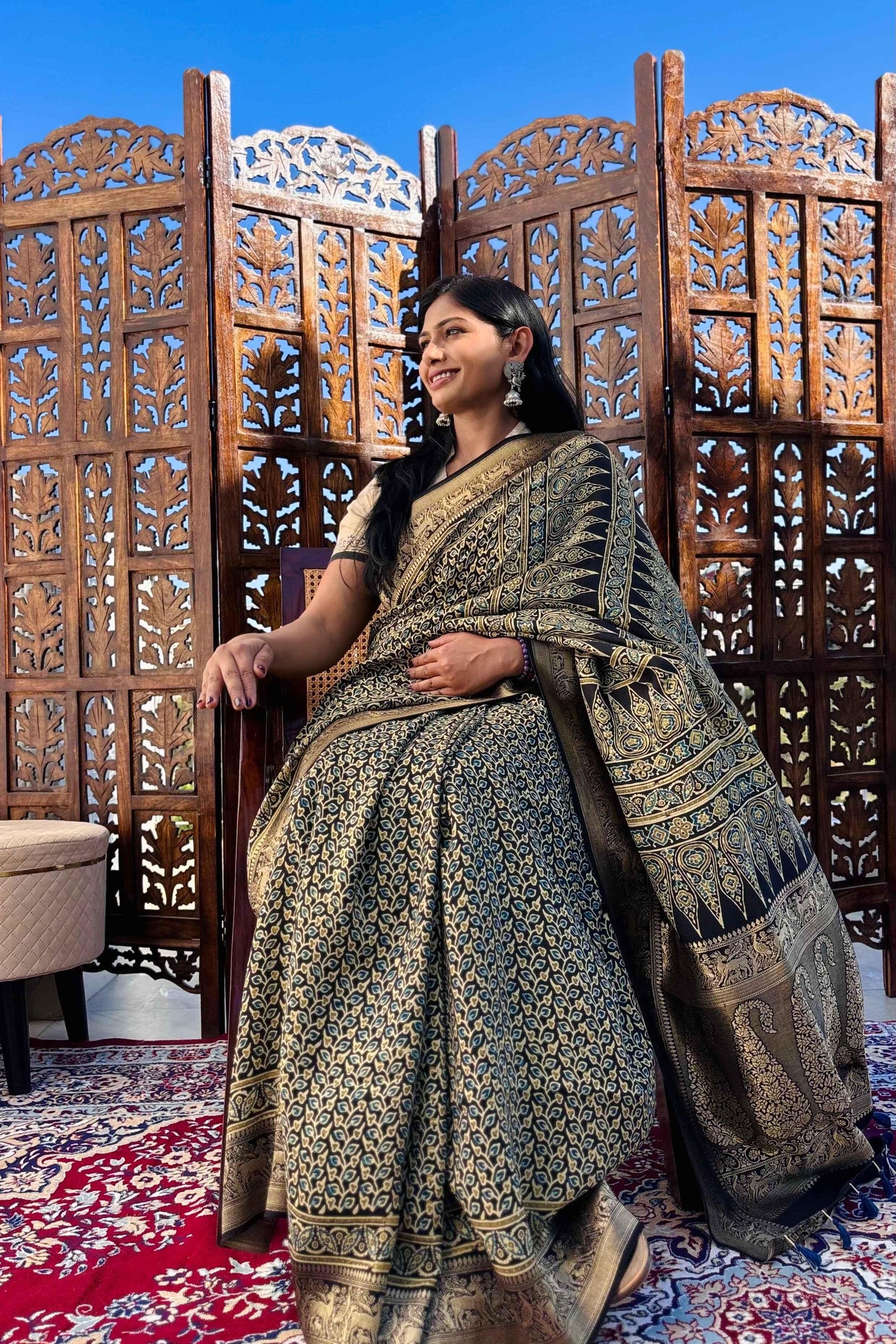 Black - Designer Ajrakh Handblock Premium Dola Silk Saree