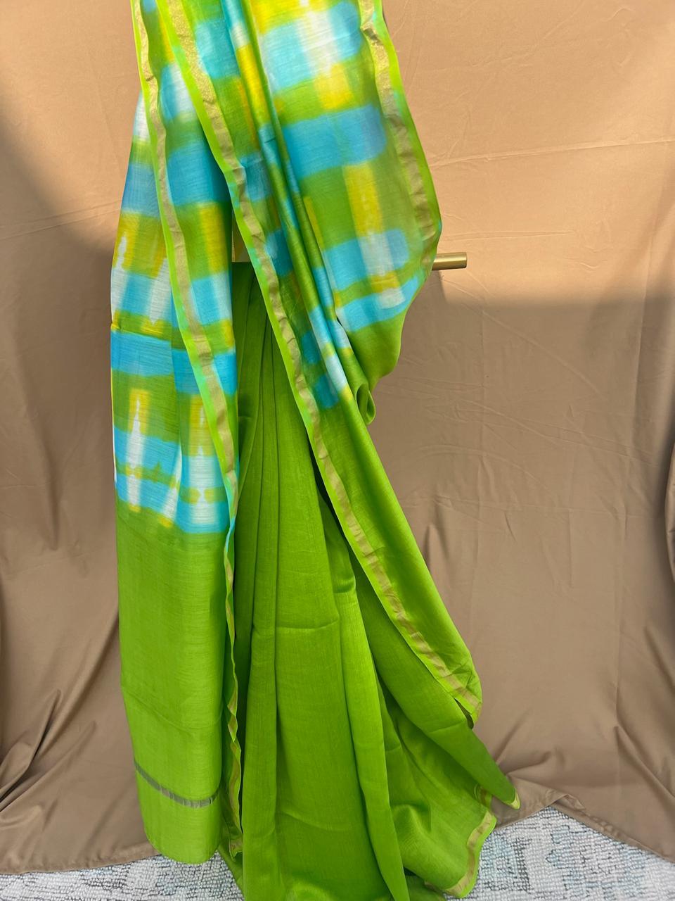 Parrot Green - Chanderi Tie-Dye Chanderi Cotsilk Saree (Half Plain- Half Clamp) - Vasaka Jaipur