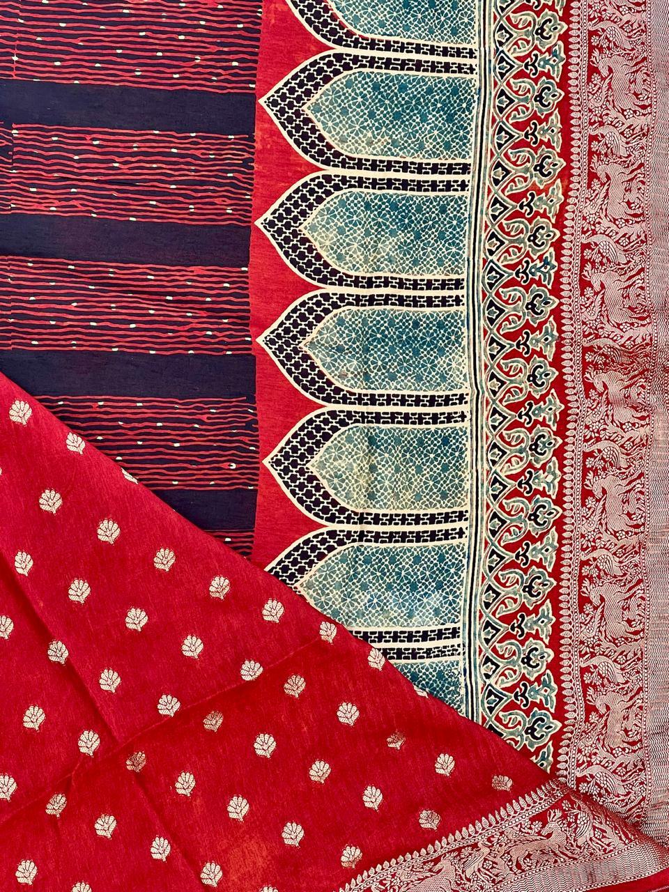Red - Designer Ajrakh Handblock Premium Dola Silk Saree - Vasaka Jaipur