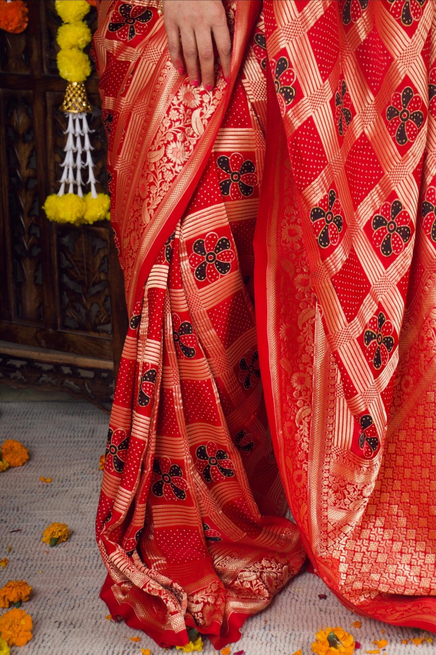 MADHURIMA - Ajrakh Gharchola Red Modal Silk Saree - Vasaka Jaipur