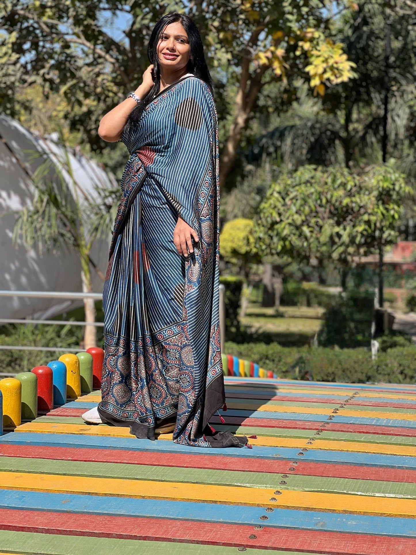 INDIRA : AJRAKH HANDBLOCK MODAL SILK SAREE - Vasaka Jaipur
