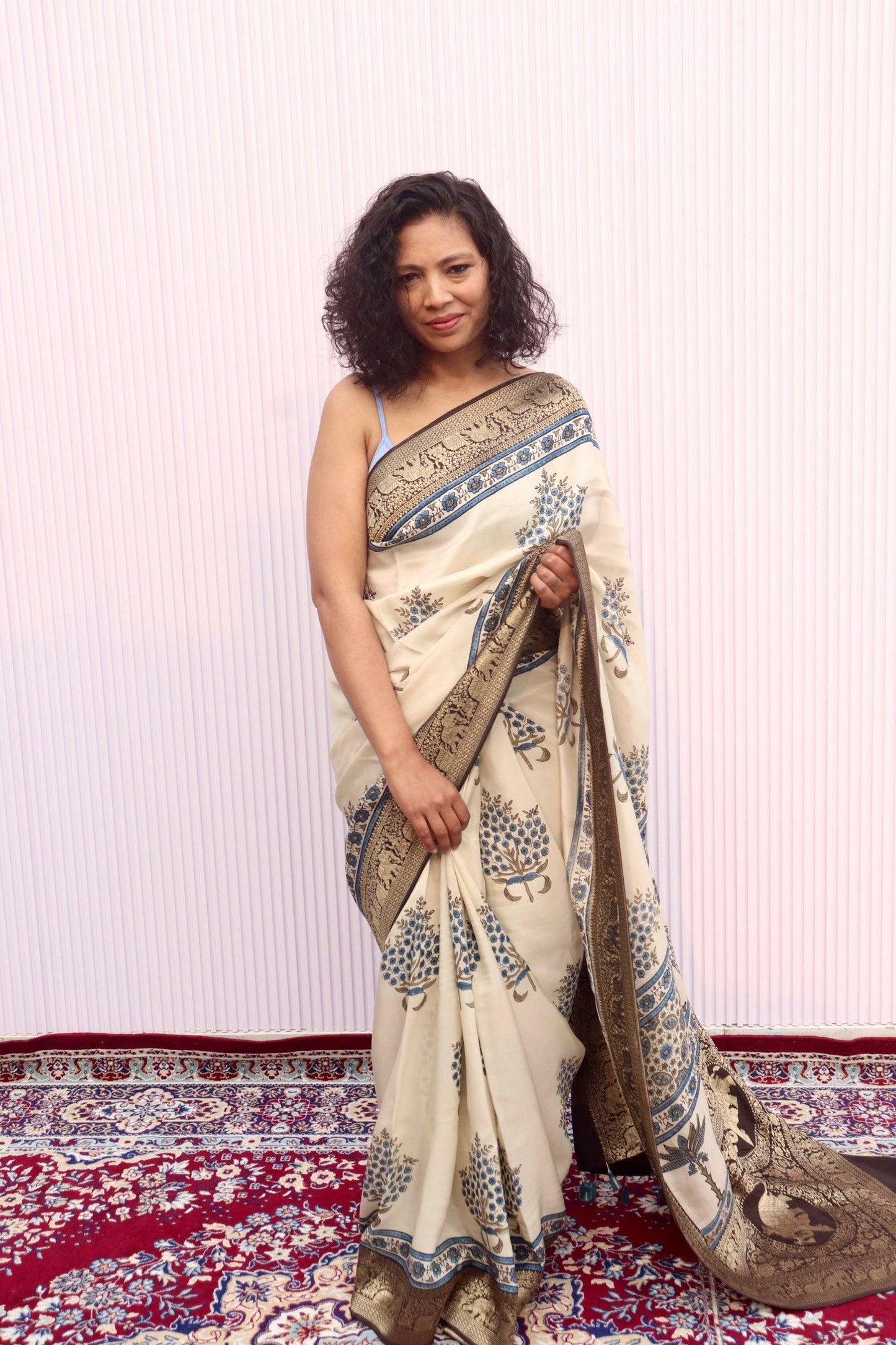 Beige - Designer Ajrakh Handblock Premium Dola Silk Saree - Vasaka Jaipur
