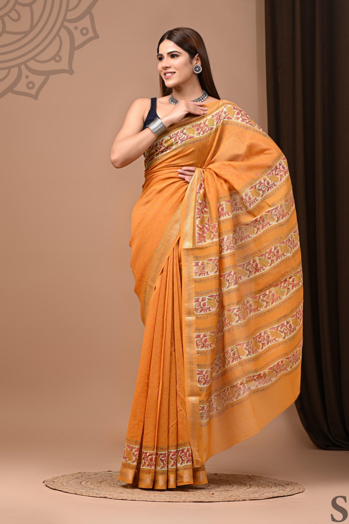 Orangish Yellow - Handblock Maheshwari Silk Saree - Vasaka Jaipur