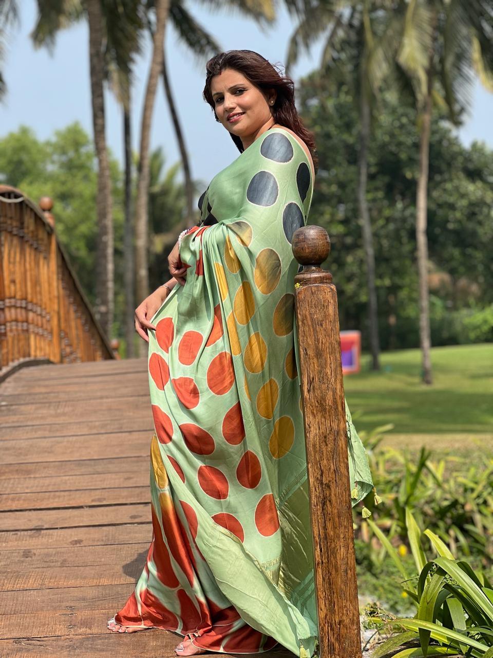Sea Green - Clamp Dyed Modal Silk Saree - Vasaka Jaipur