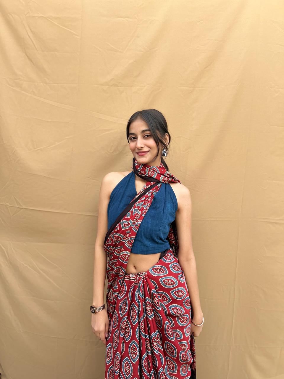 MALLIKA : AJRAKH HANDBLOCK MODAL SILK SAREE - Vasaka Jaipur