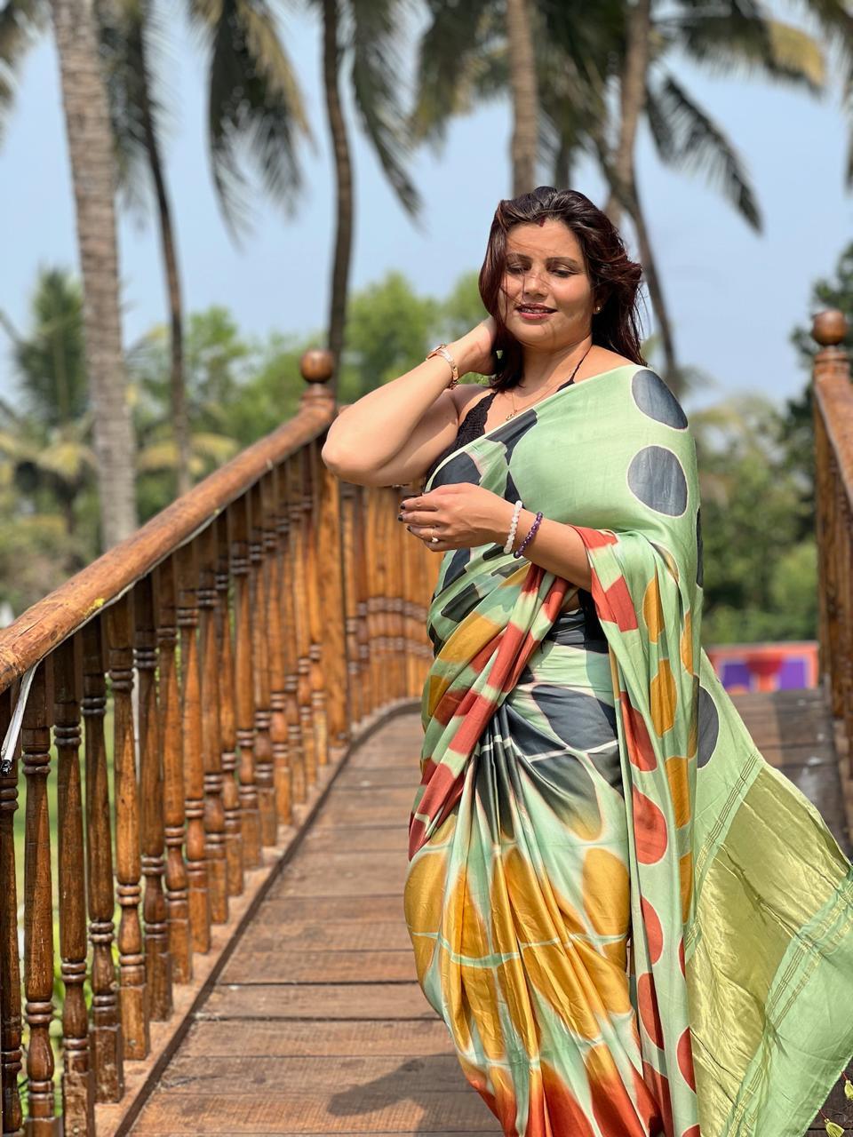Sea Green - Clamp Dyed Modal Silk Saree - Vasaka Jaipur