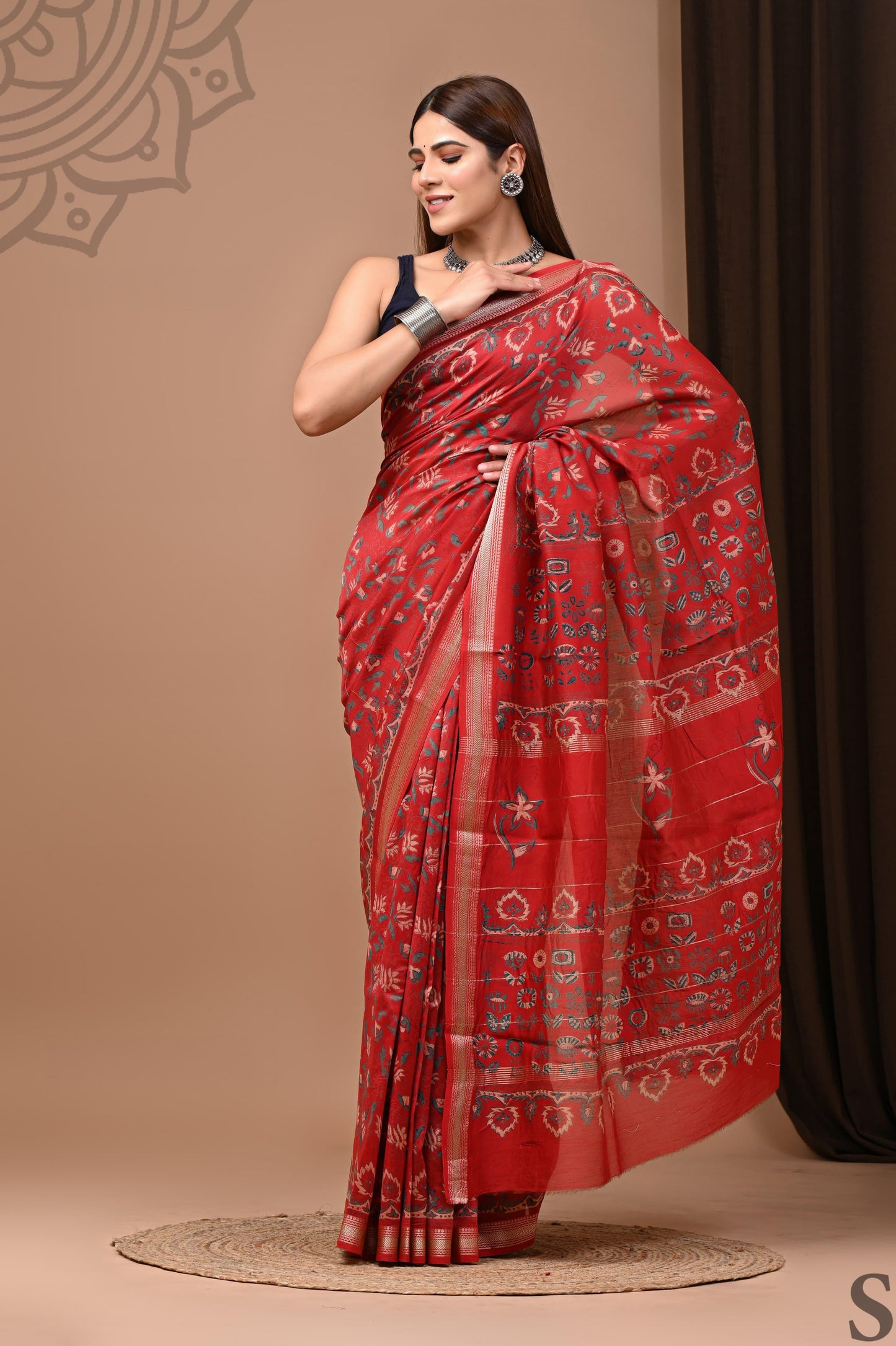 Red - Handblock Maheshwari Silk Saree - Vasaka Jaipur