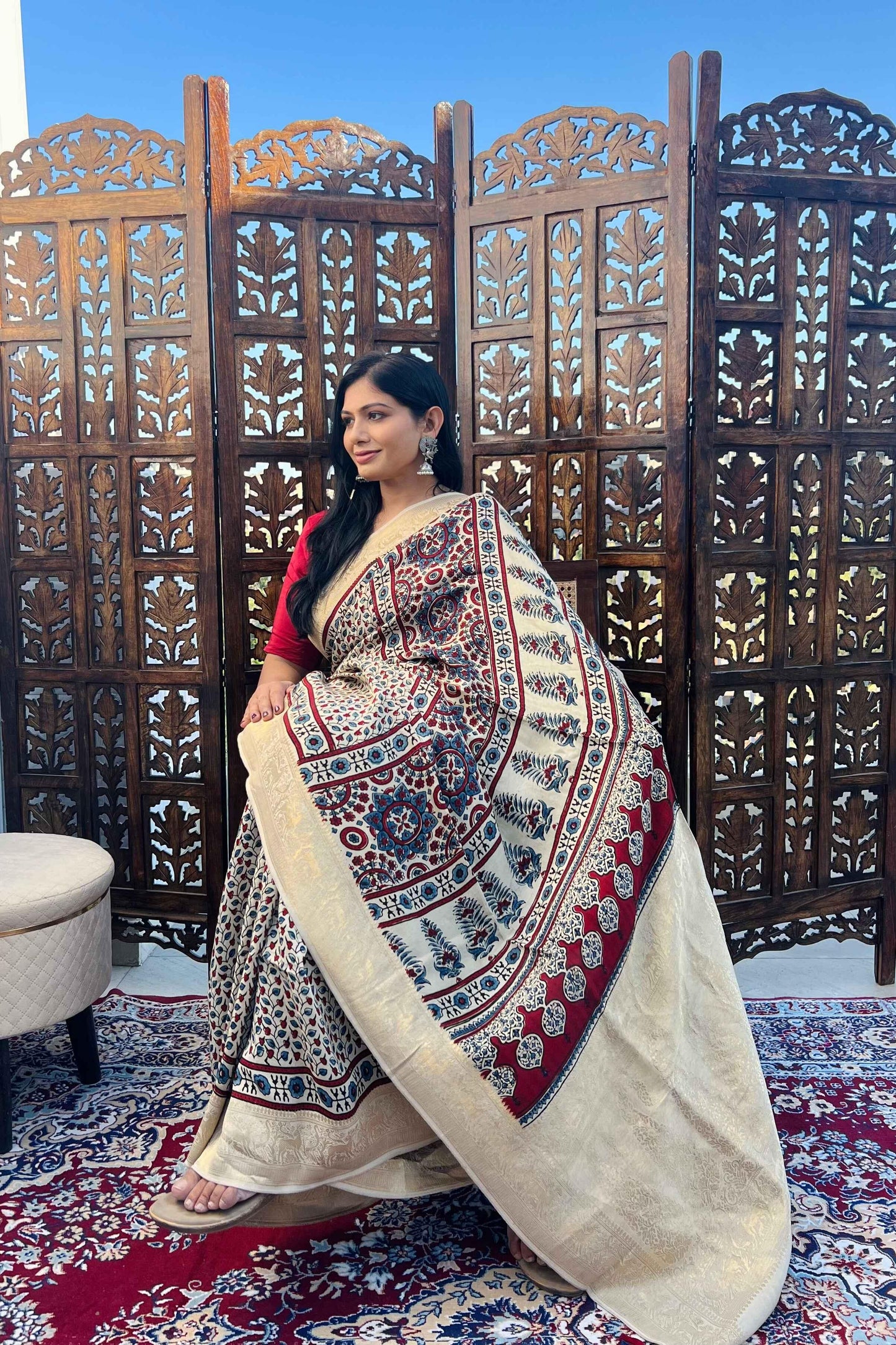 Beige - Designer Ajrakh Handblock Premium Dola Silk Saree