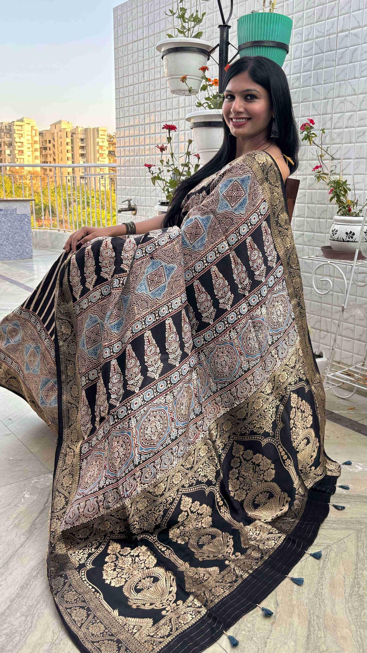 Black - Ajrakh Handblock Dola Silk Saree