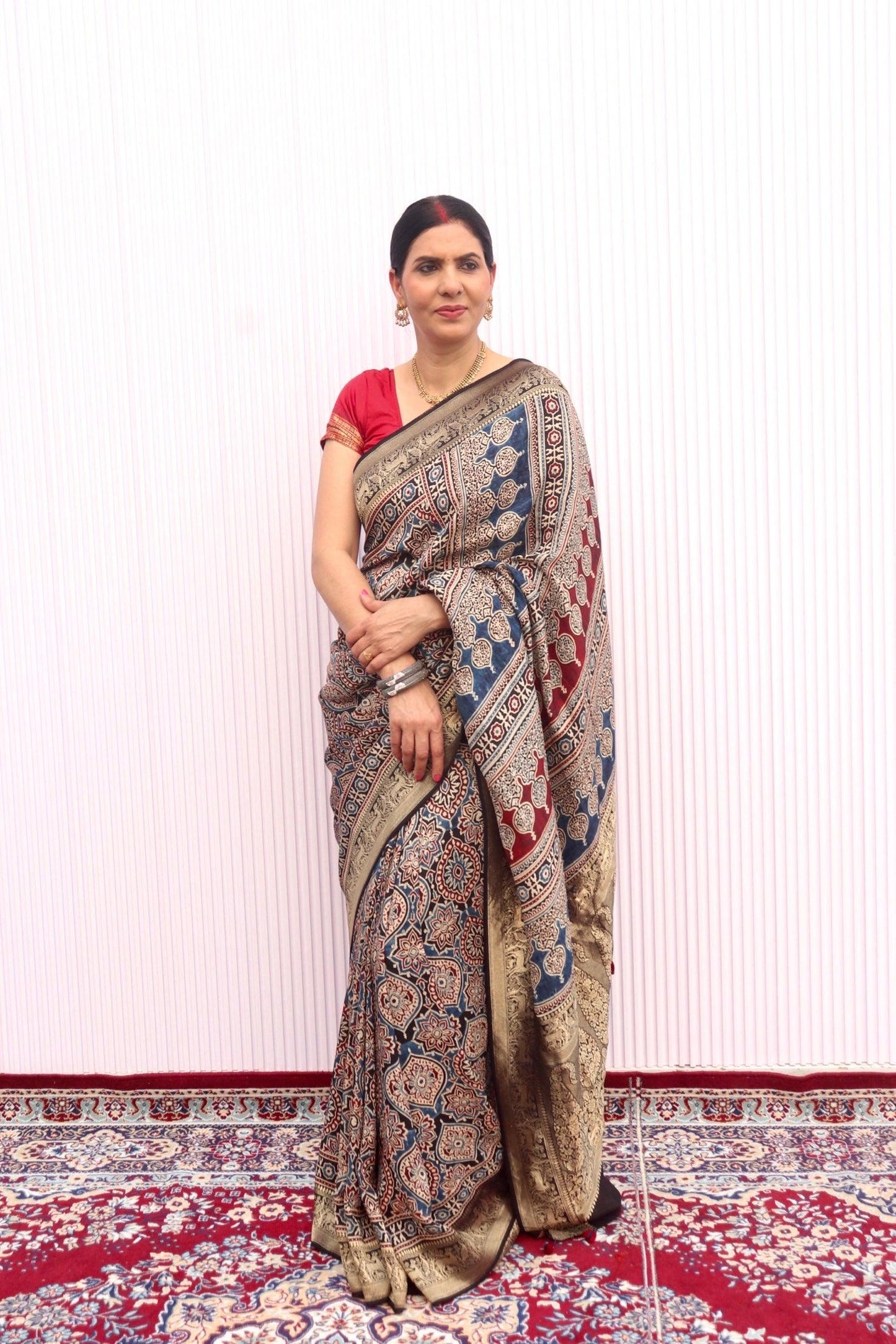 Black- Designer Ajrakh Handblock Premium Dola Silk Saree - Vasaka Jaipur