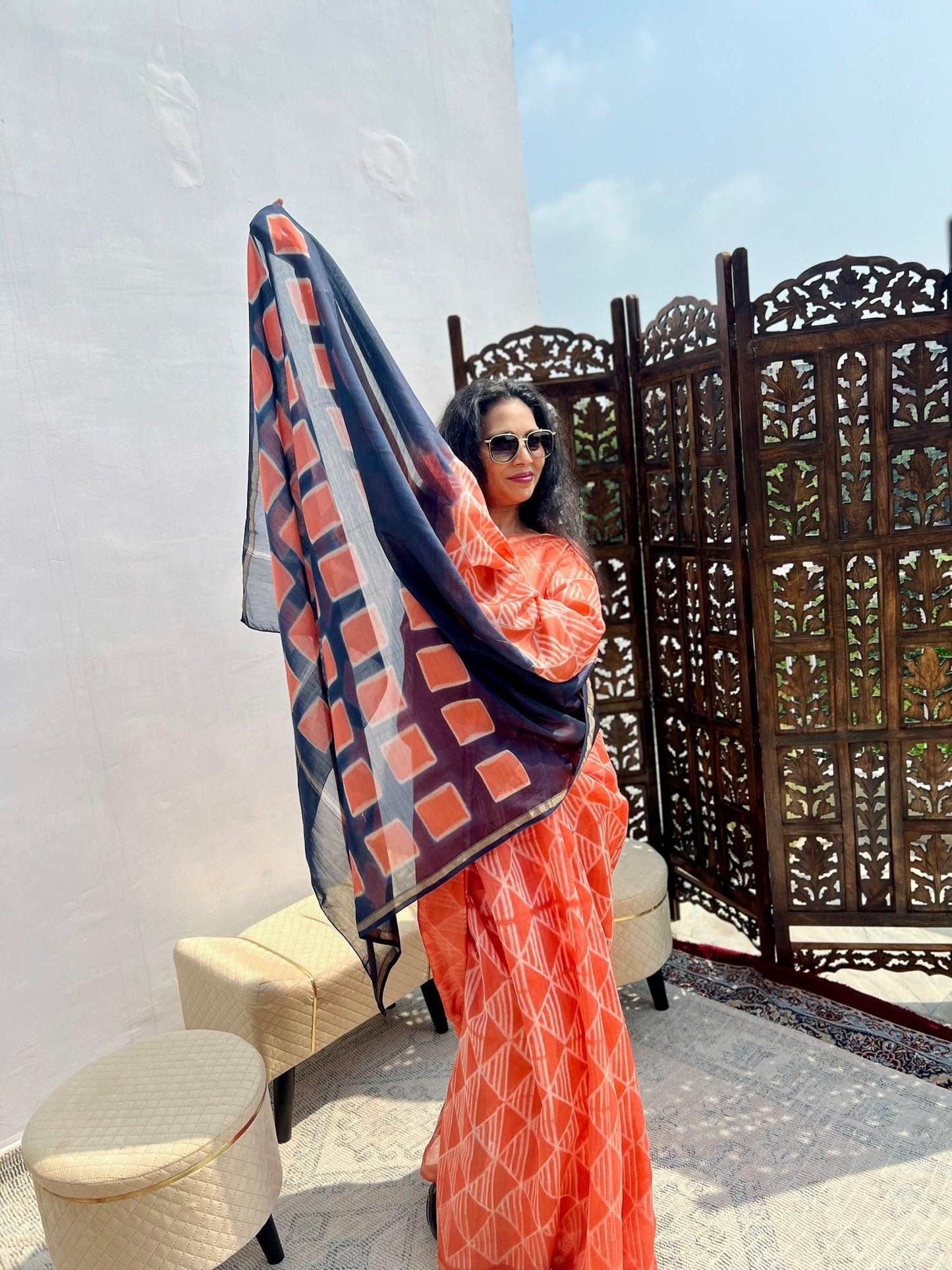 Peach - Nui Shibori Tie-Dye Chanderi Cotsilk Saree with Clamp Tie Dye on Pallu - Vasaka Jaipur