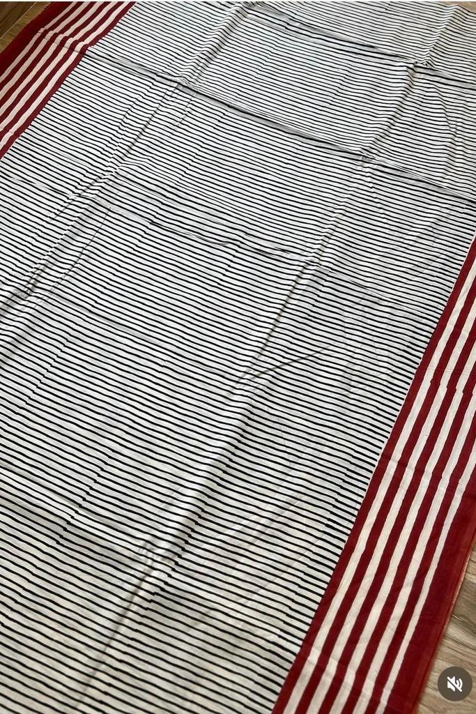 Beige - Striped Hand Block Print Cotton Saree