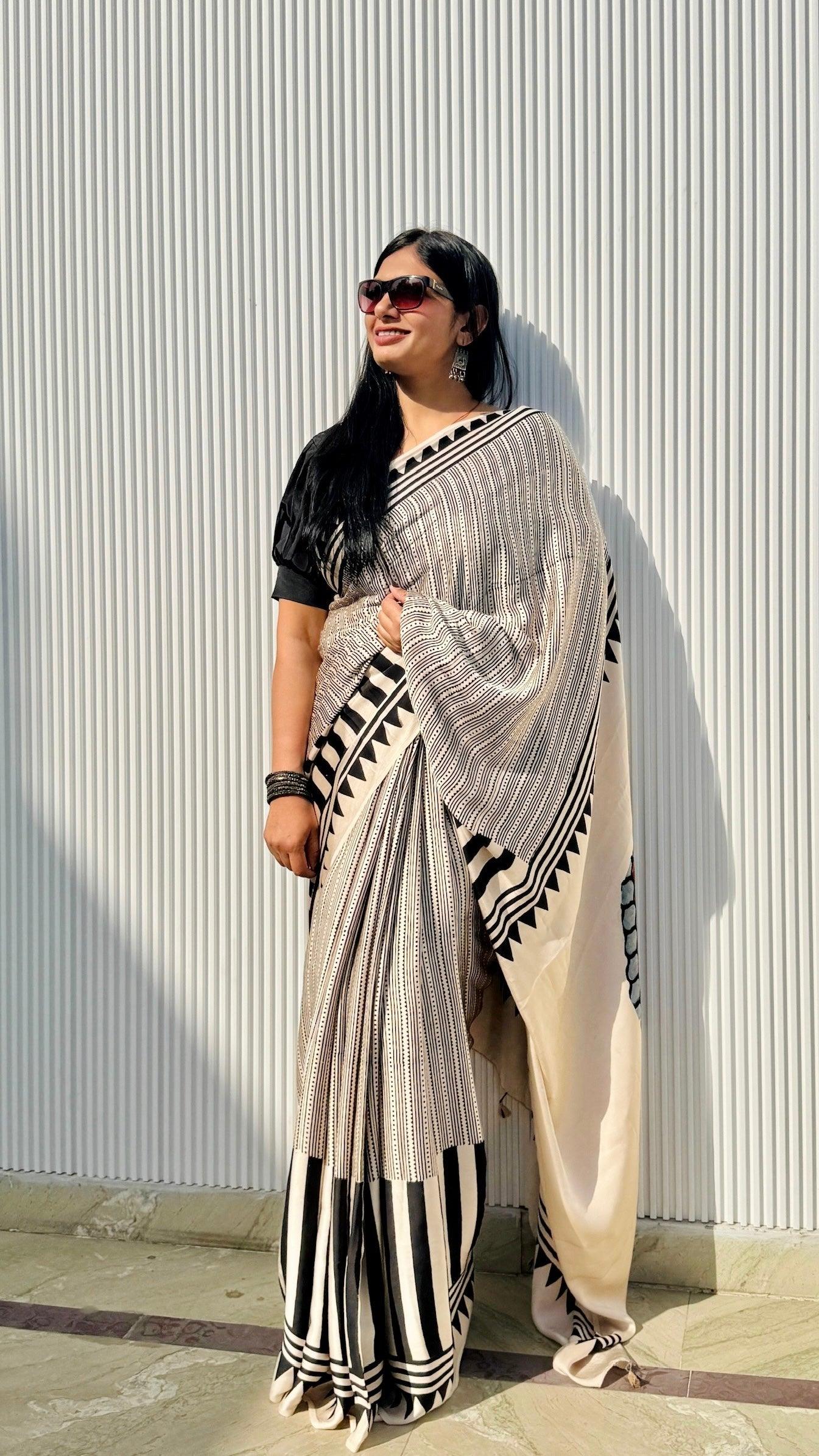 IVORY MUSE: AJRAKH HANDBLOCK MODAL SILK SAREE