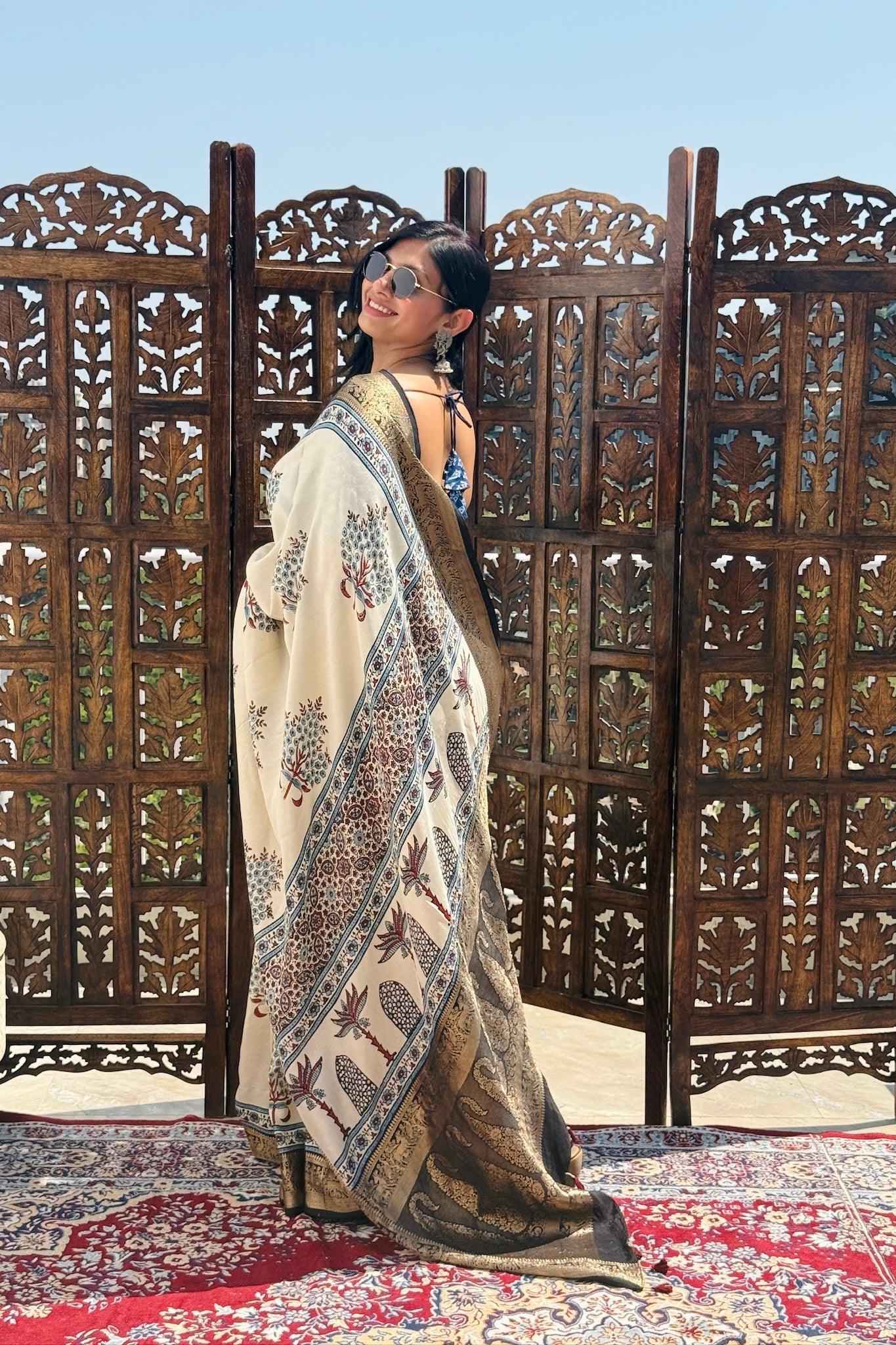 Beige - Designer Ajrakh Handblock Premium Dola Silk Saree