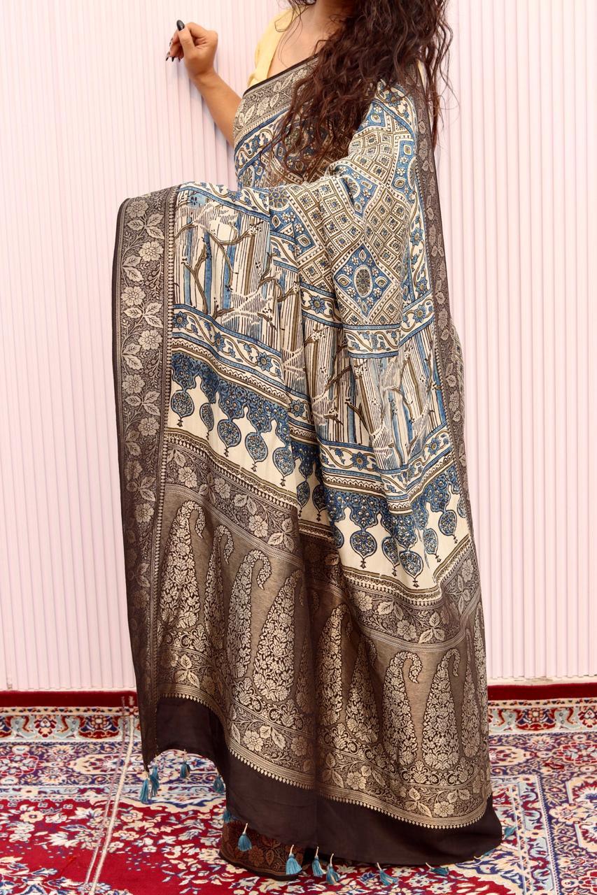 Beige - Designer Ajrakh Handblock Premium Dola Silk Saree - Vasaka Jaipur