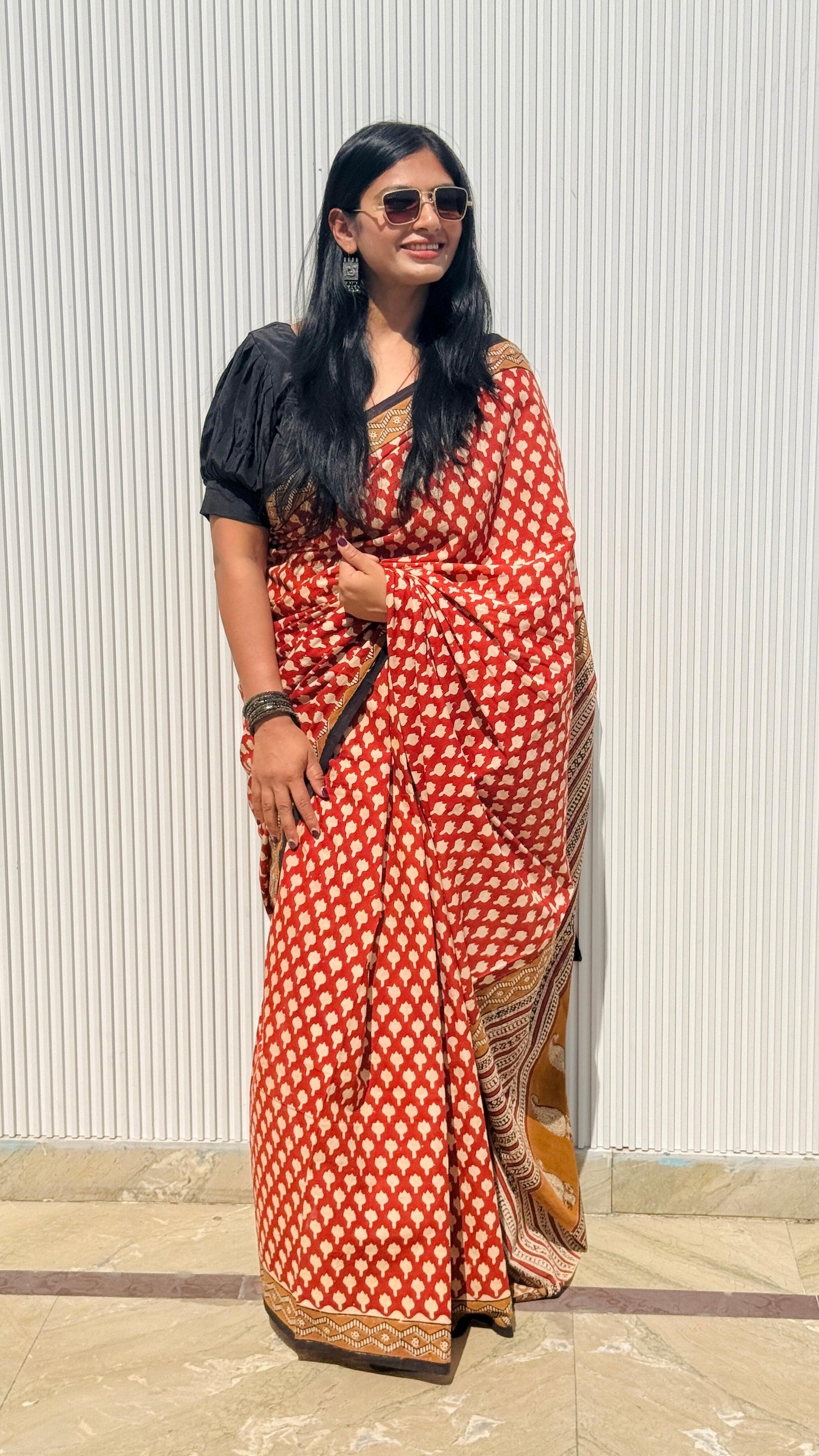 Red Hand Block Printed Cotton Saree
