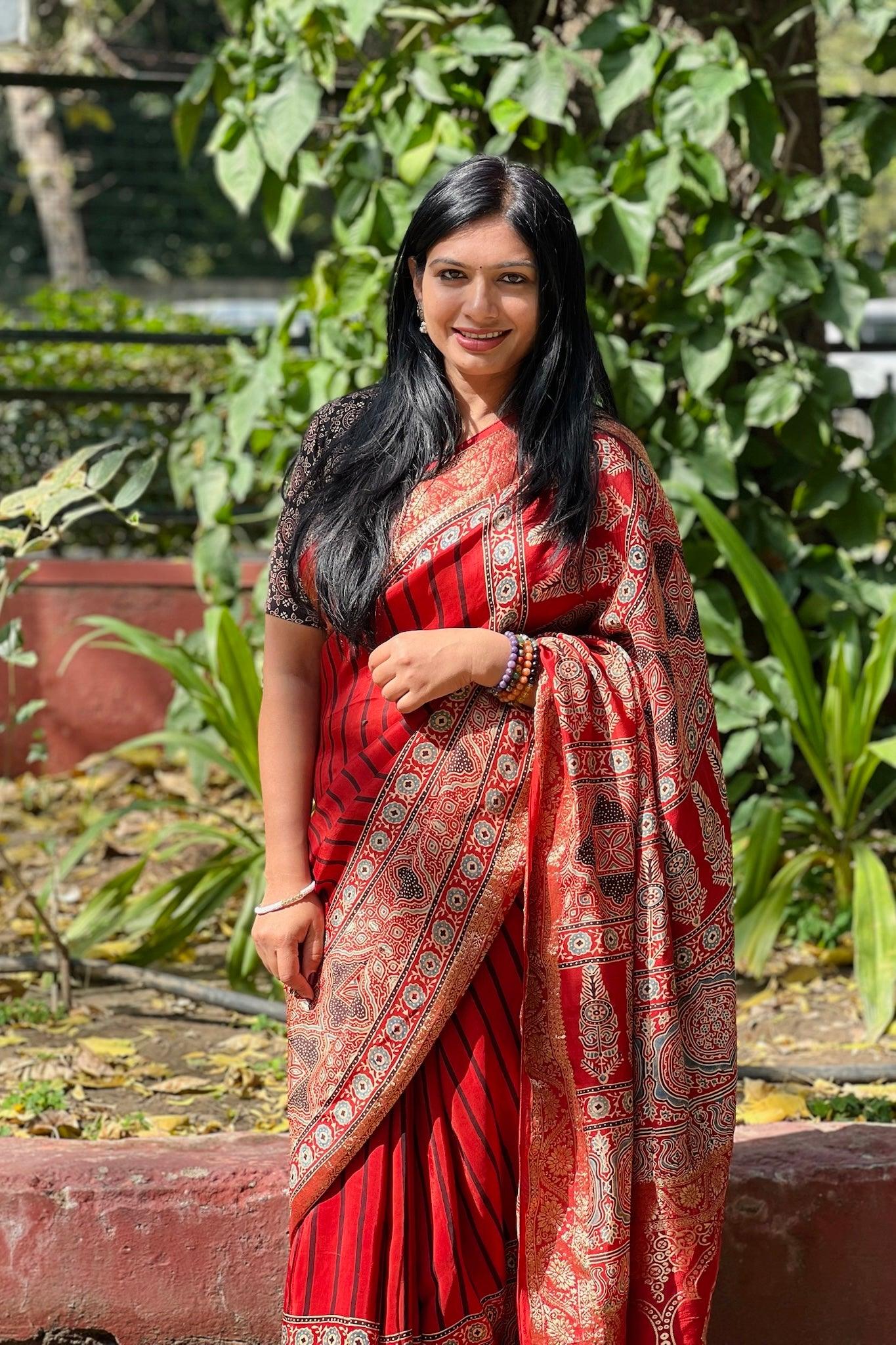 Red - Ajrakh Handblock Dola Silk Saree