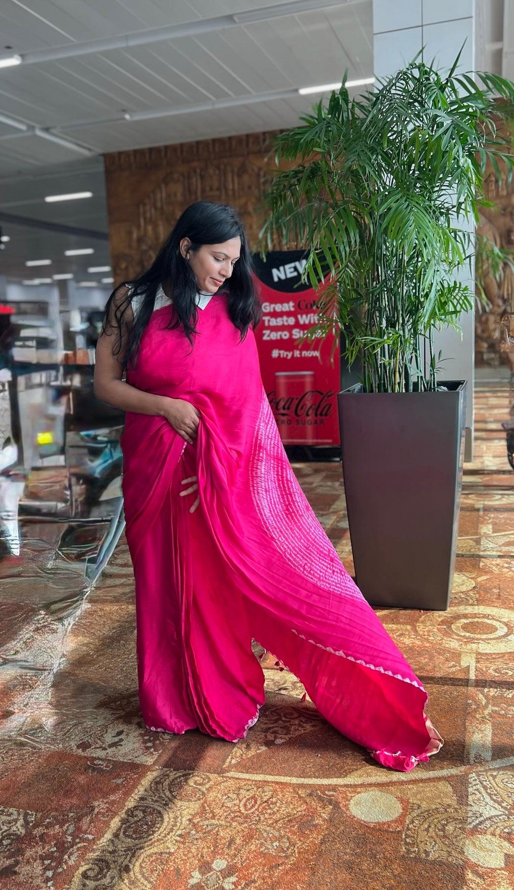 Pink - Modal Saree With Kumo Shibori - Vasaka Jaipur