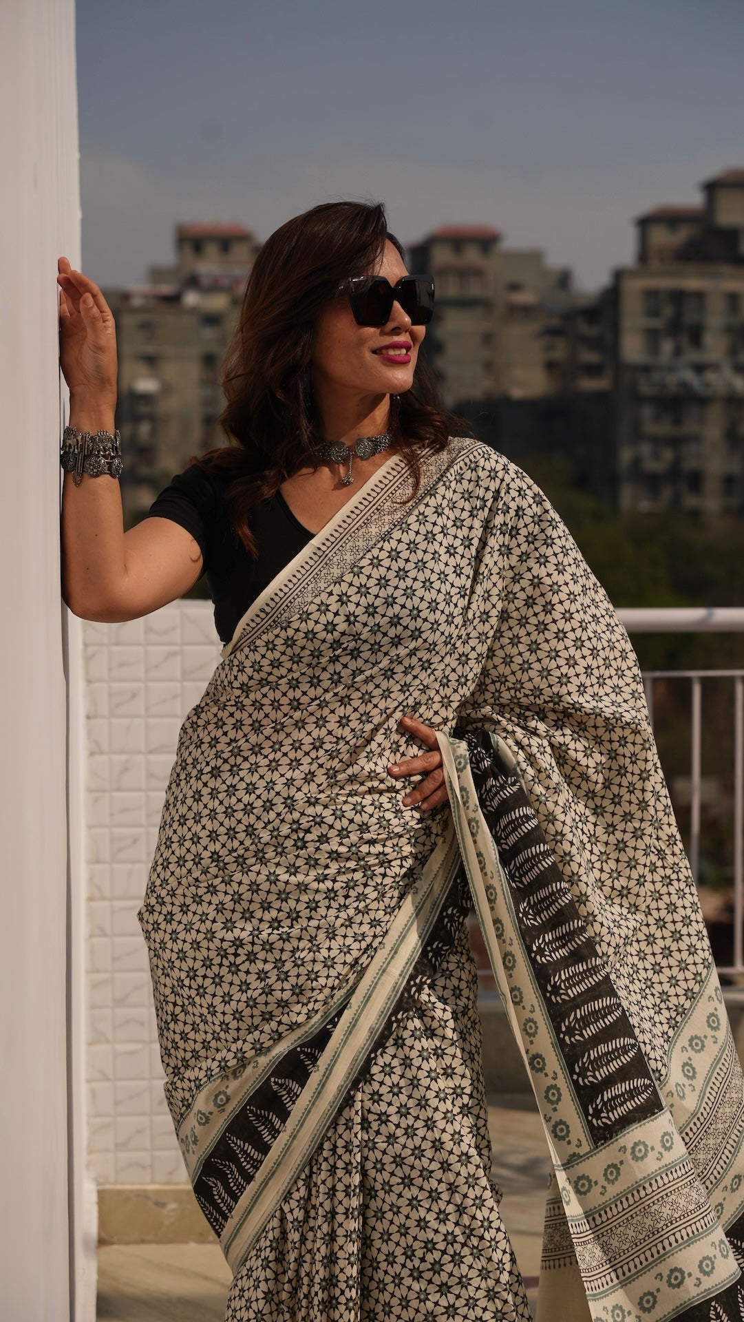 KARUNA - Off White Hand Block Printed Cotton Saree