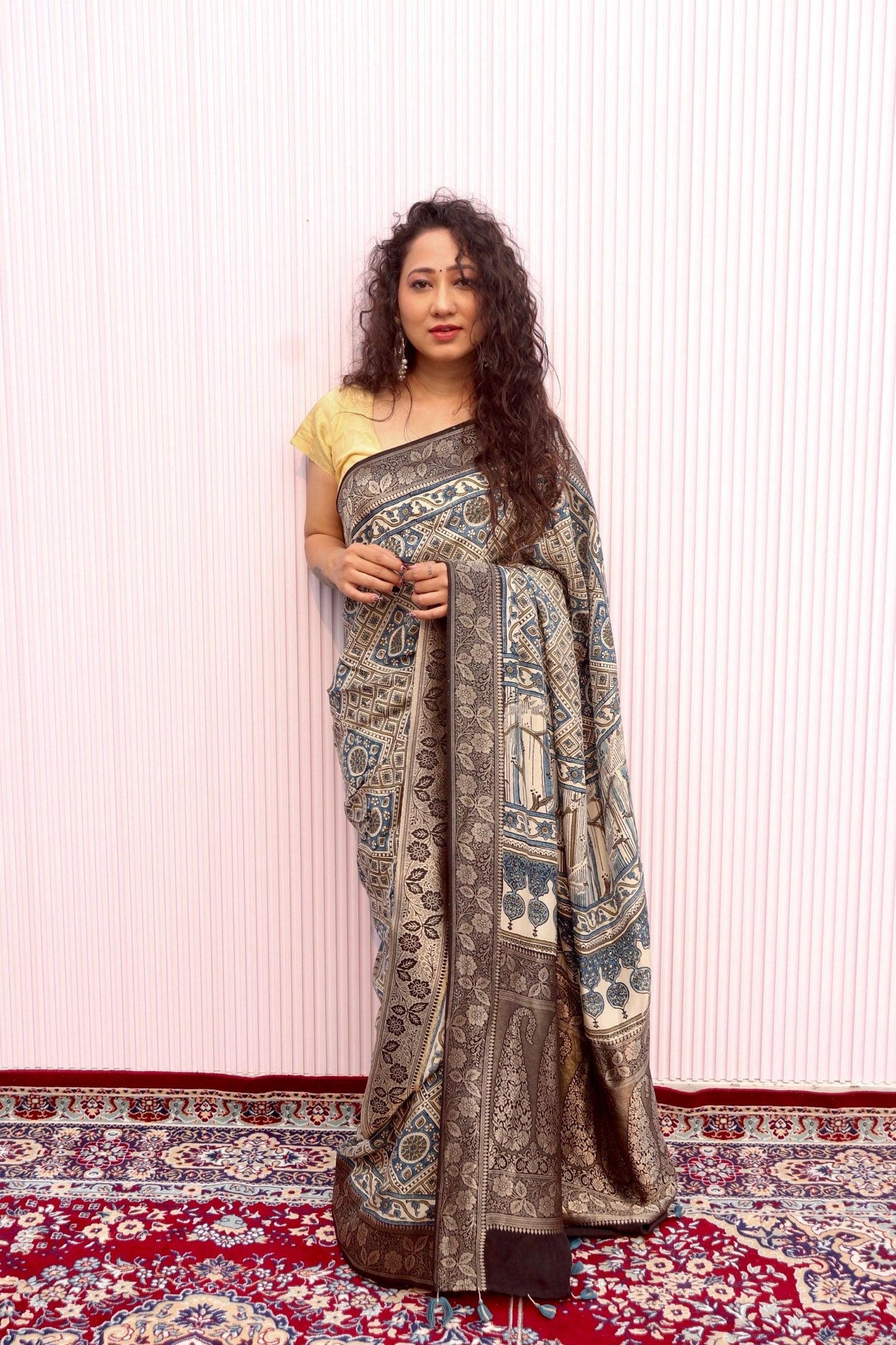 Beige - Designer Ajrakh Handblock Premium Dola Silk Saree - Vasaka Jaipur