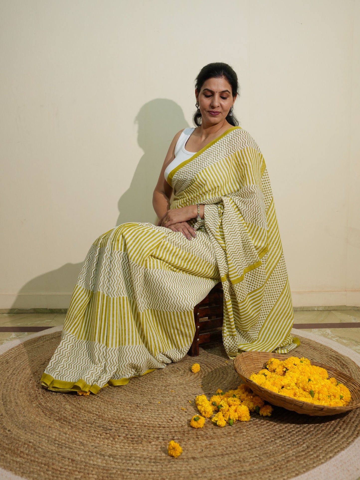 GREESHA_Heritage Hand Block Printed Pure Cotton Striped Saree
