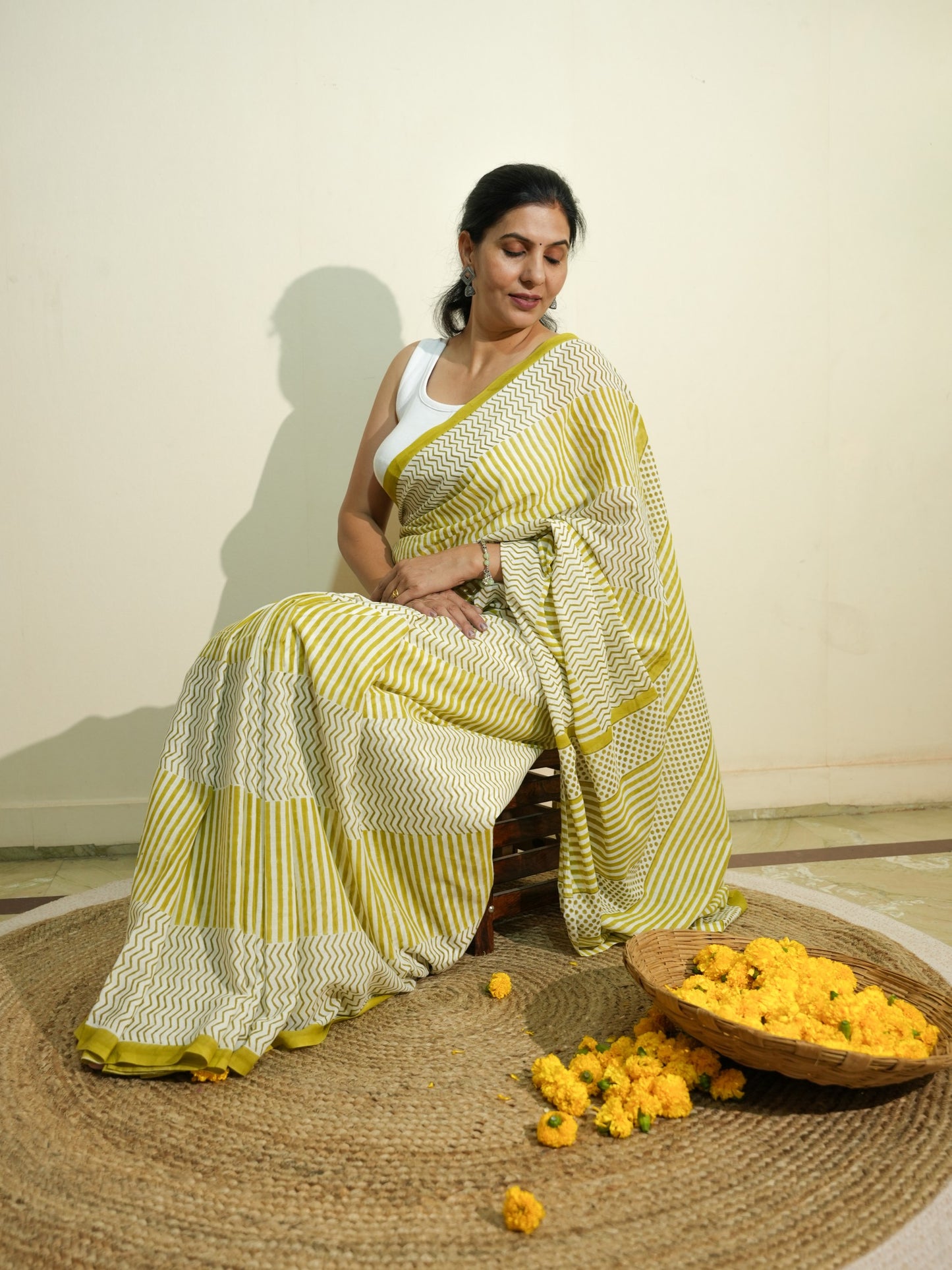 GREESHA_Heritage Hand Block Printed Pure Cotton Striped Saree