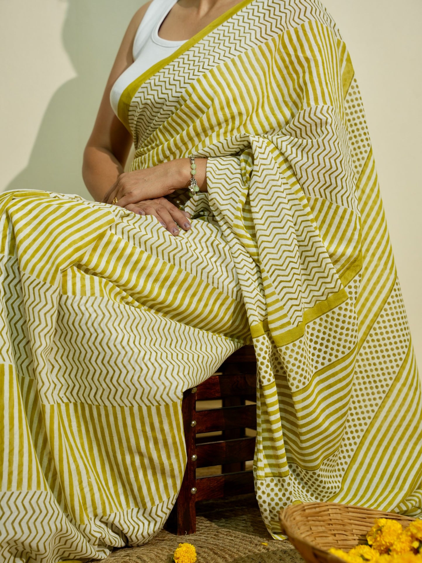 GREESHA_Heritage Hand Block Printed Pure Cotton Striped Saree