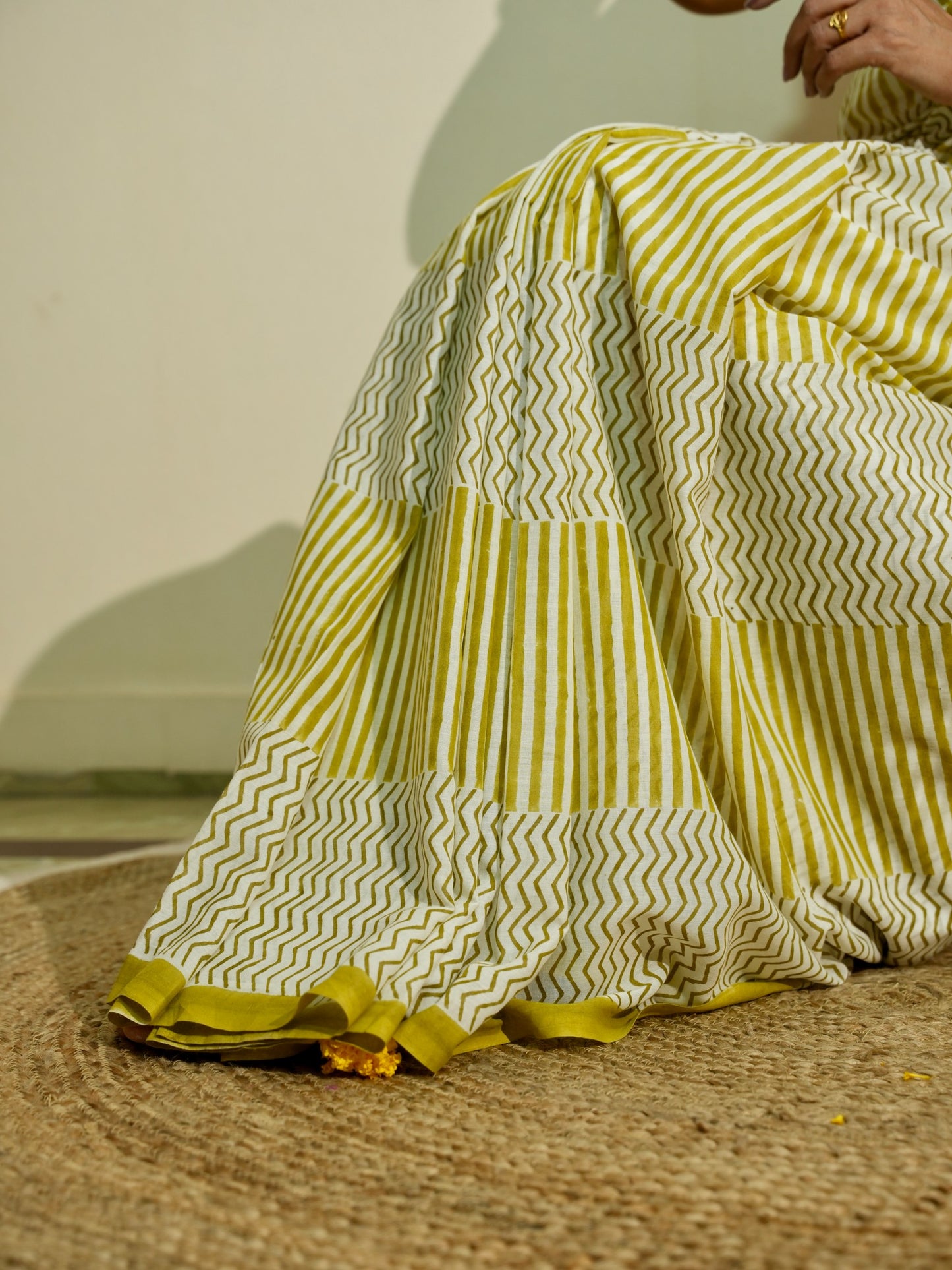 GREESHA_Heritage Hand Block Printed Pure Cotton Striped Saree