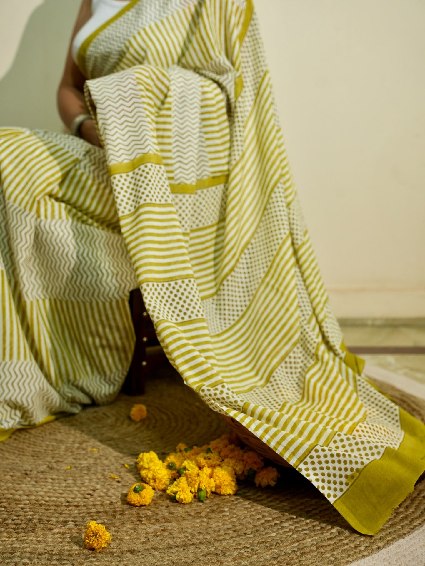 GREESHA_Heritage Hand Block Printed Pure Cotton Striped Saree