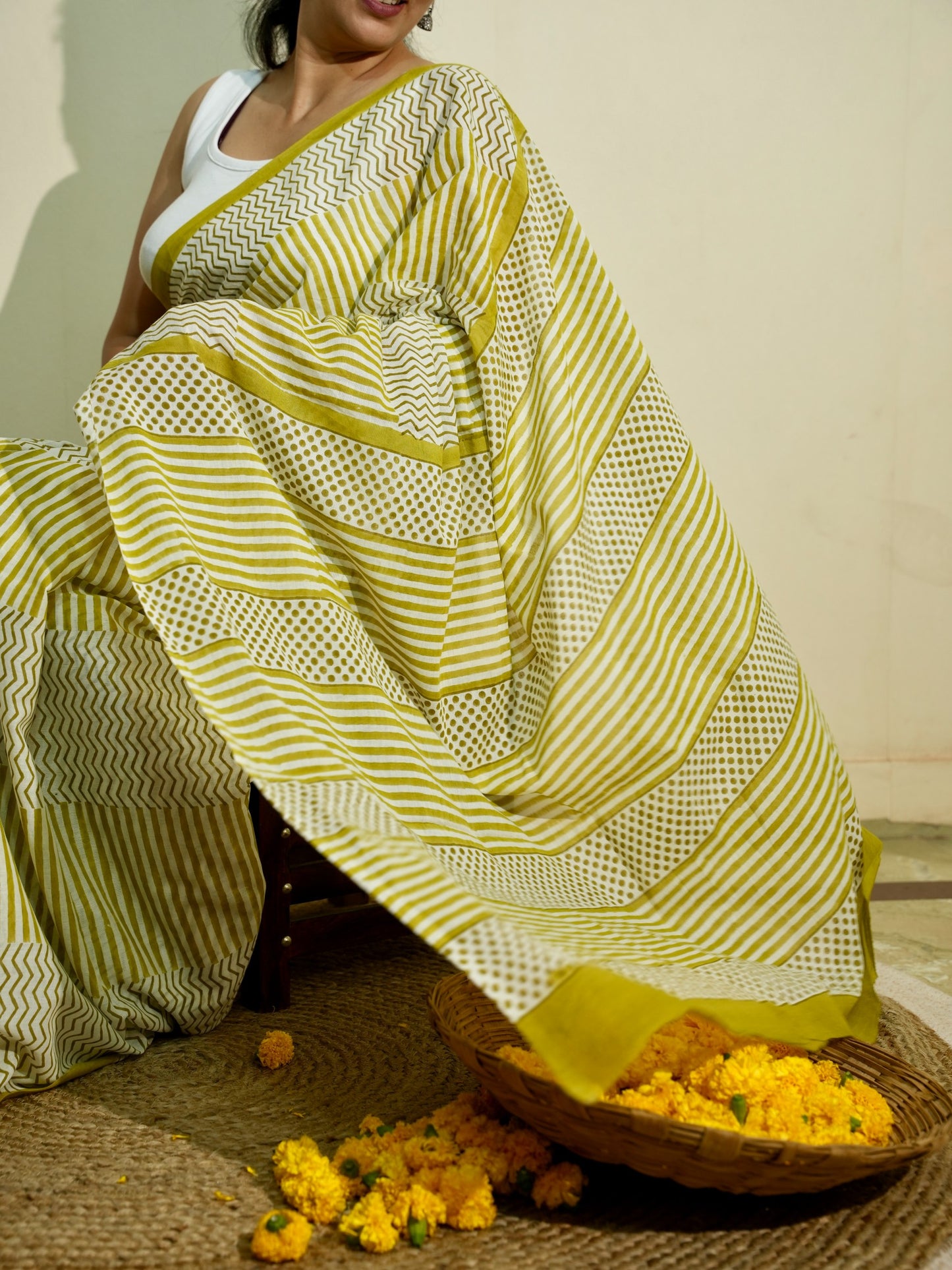 GREESHA_Heritage Hand Block Printed Pure Cotton Striped Saree
