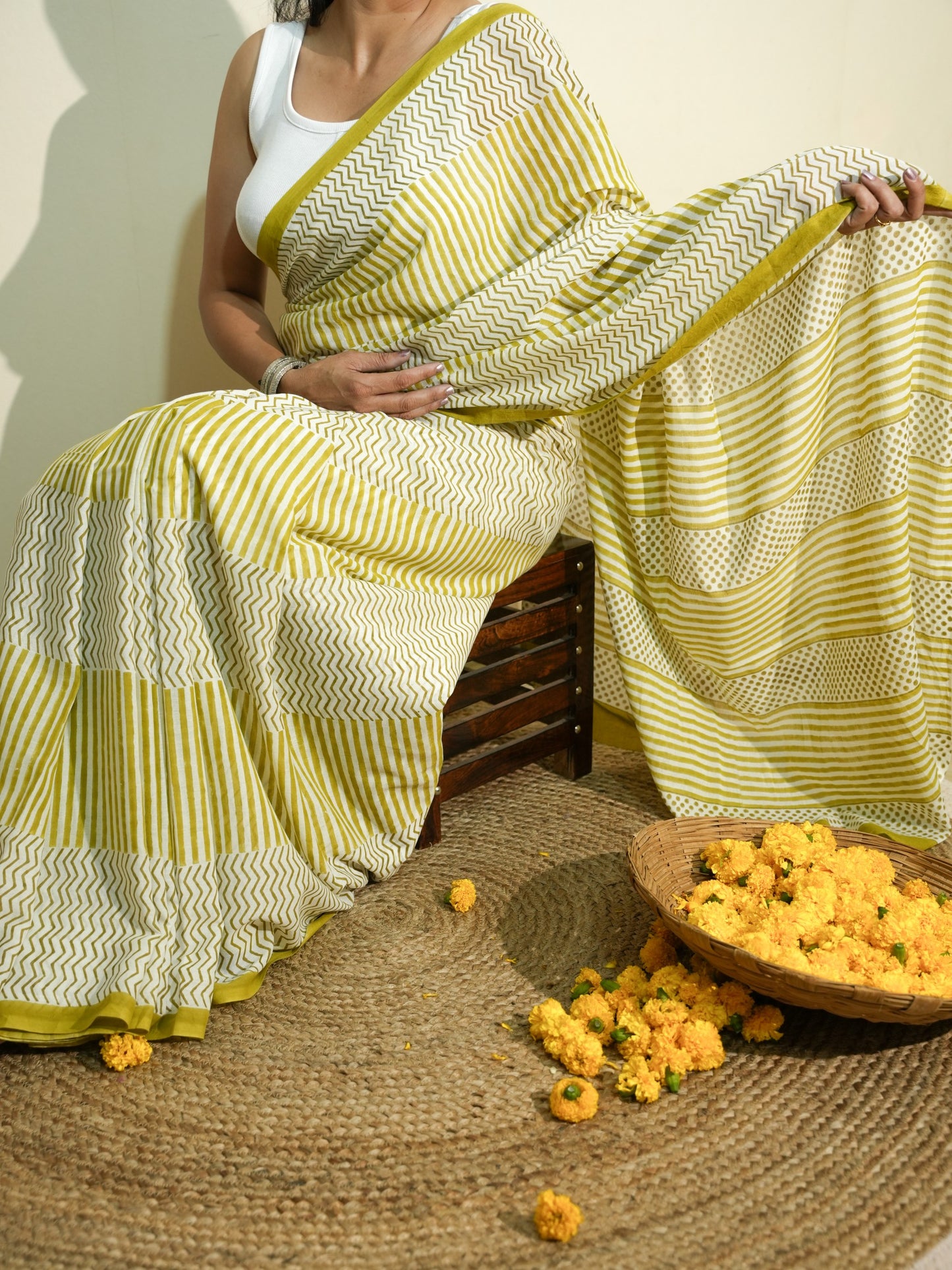 GREESHA_Heritage Hand Block Printed Pure Cotton Striped Saree