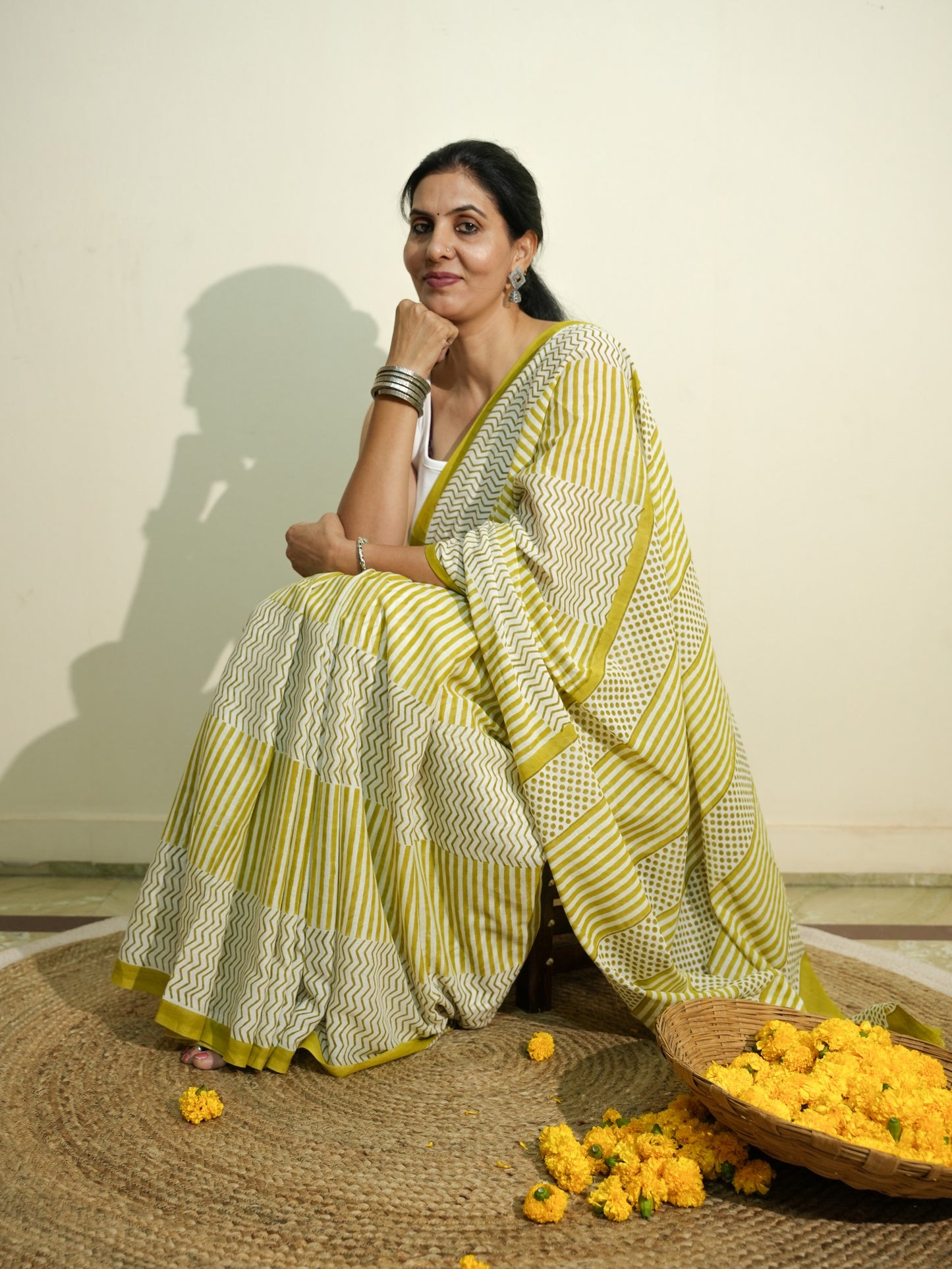 GREESHA_Heritage Hand Block Printed Pure Cotton Striped Saree