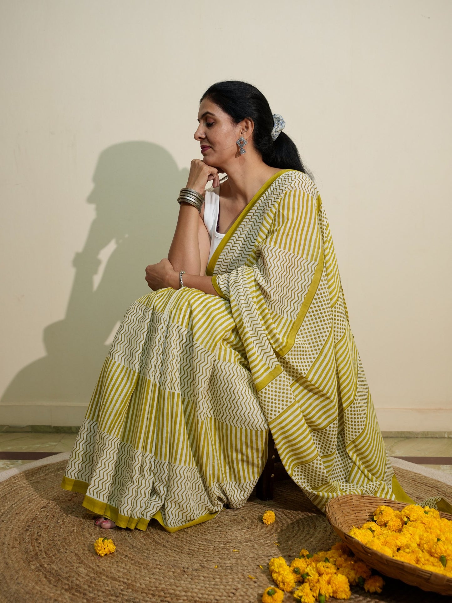 GREESHA_Heritage Hand Block Printed Pure Cotton Striped Saree