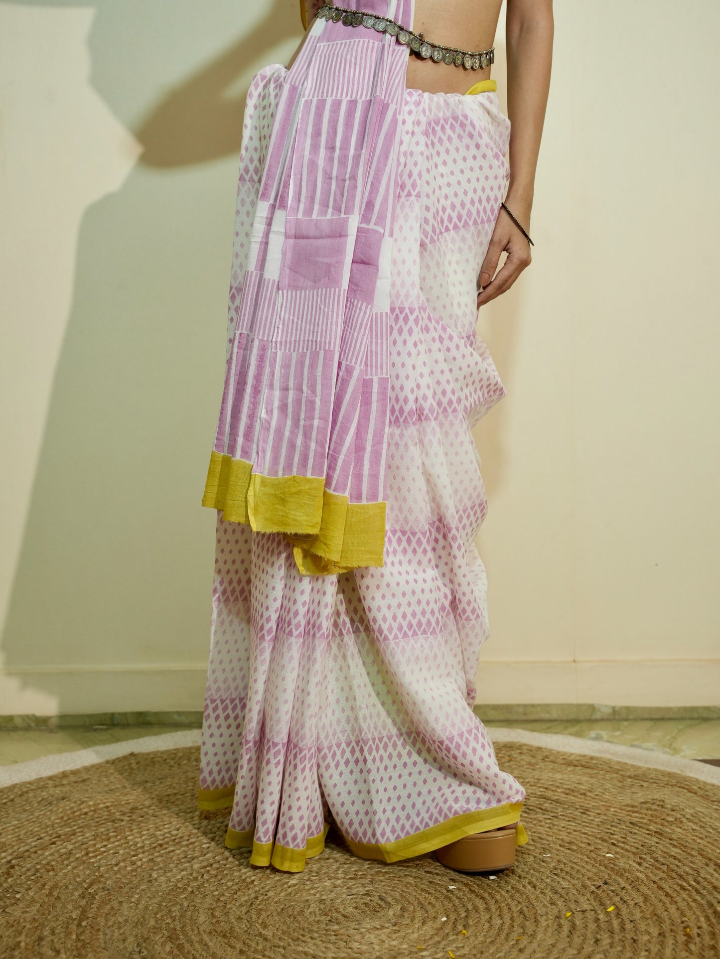 PIHU_Heritage Hand Block Printed Pure Cotton Striped Saree