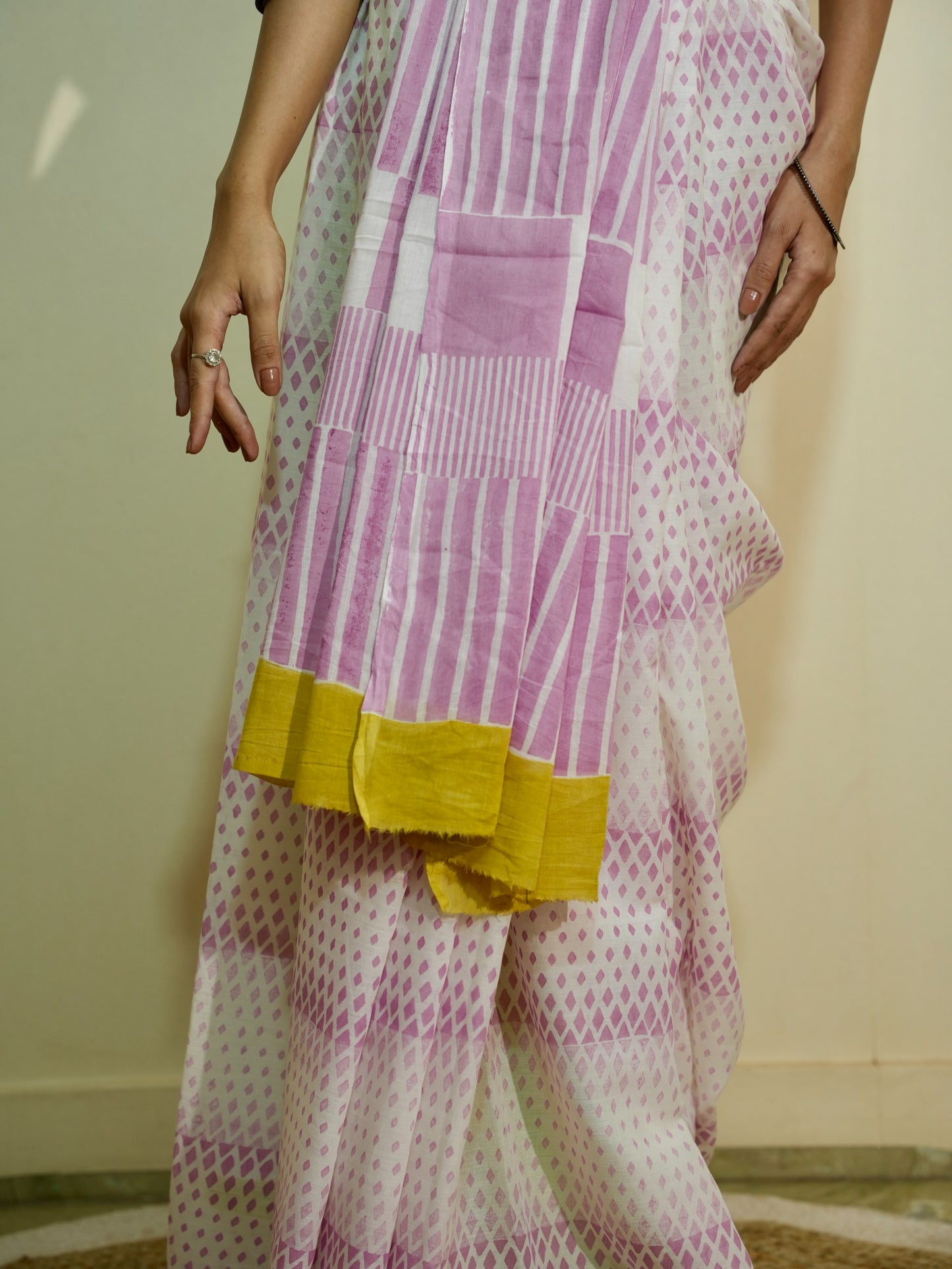 PIHU_Heritage Hand Block Printed Pure Cotton Striped Saree