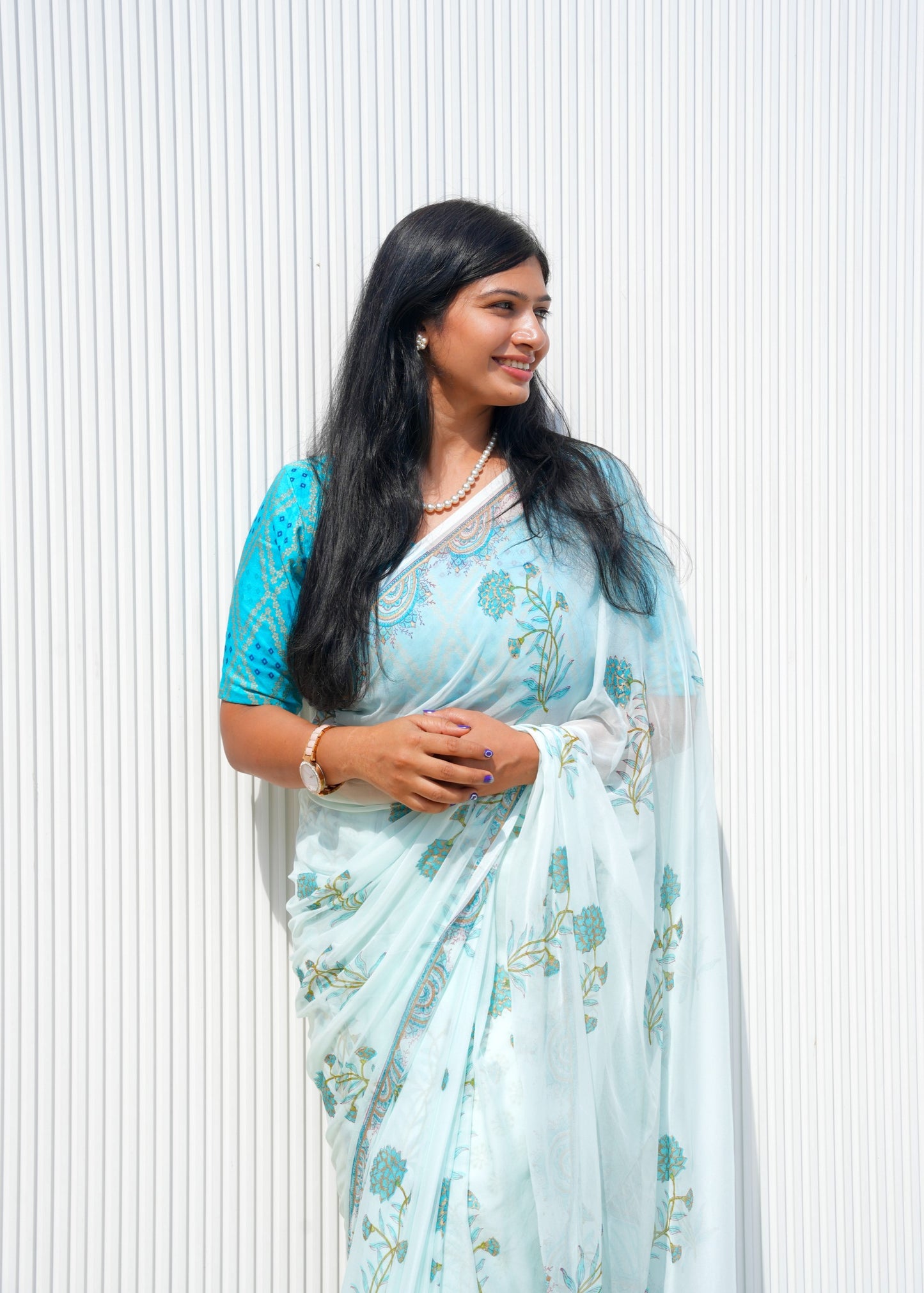 Nargis- Blue Hand Block Printed Chiffon Saree