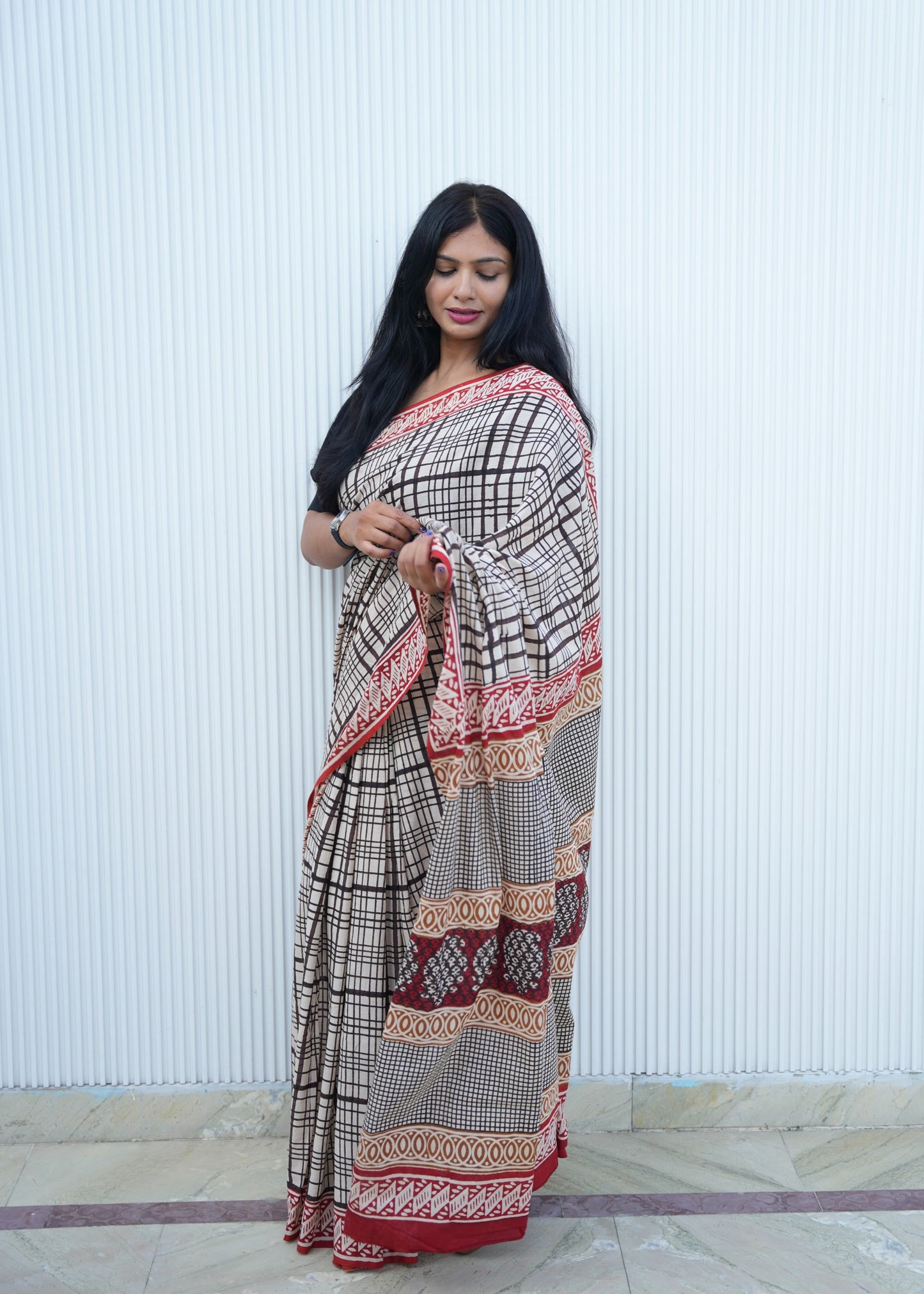 BHAVYA_Beige Striped Hand Block Print Cotton Saree